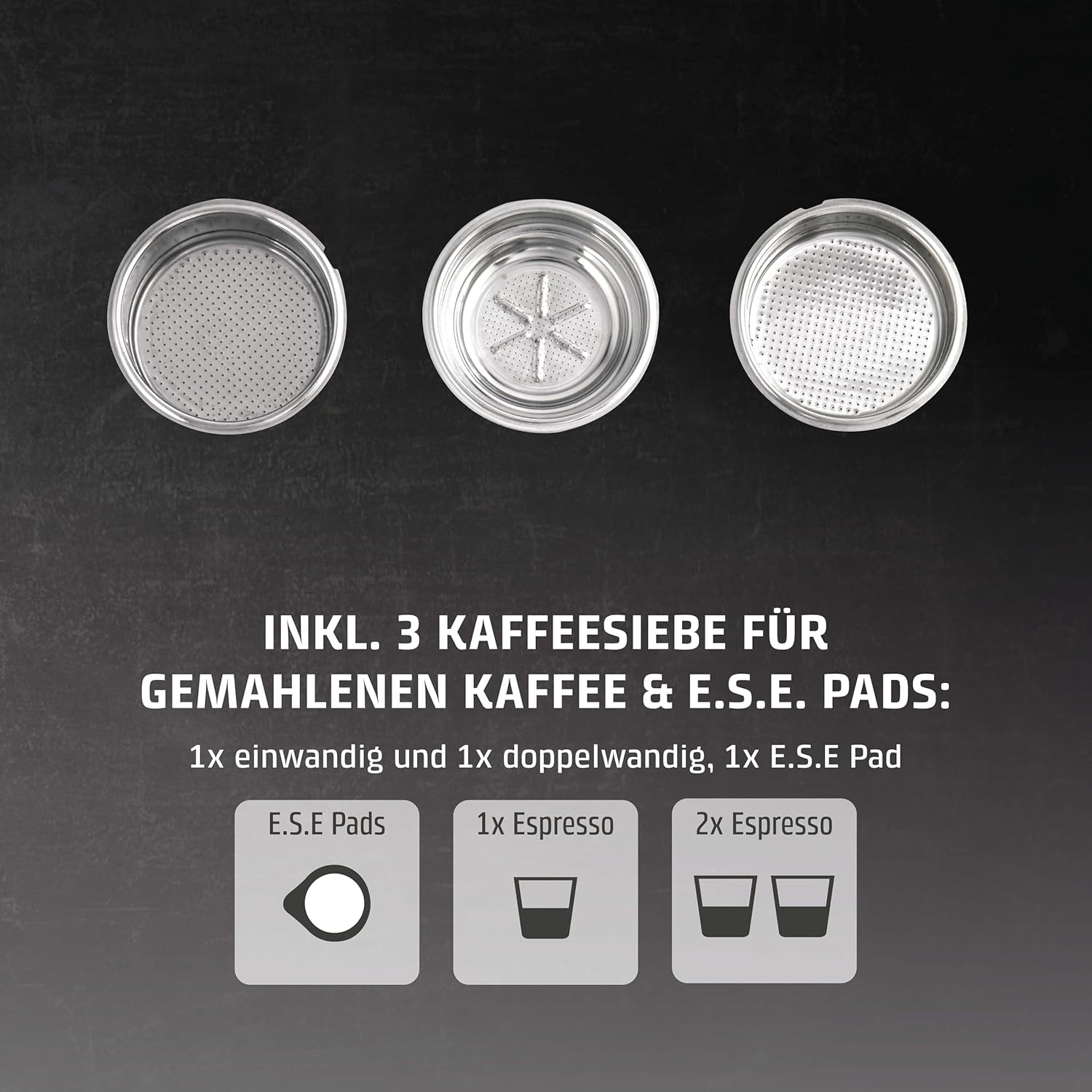 Caso Espresso Gourmet - Espressomachine met portafilter van roestvrij staal, krachtige Ulka-pomp van 19 bar, met melkopschuimer, voor gemalen koffie of ESE-koffiecapsules, voor 2 kopjes, met kopjeswarmer