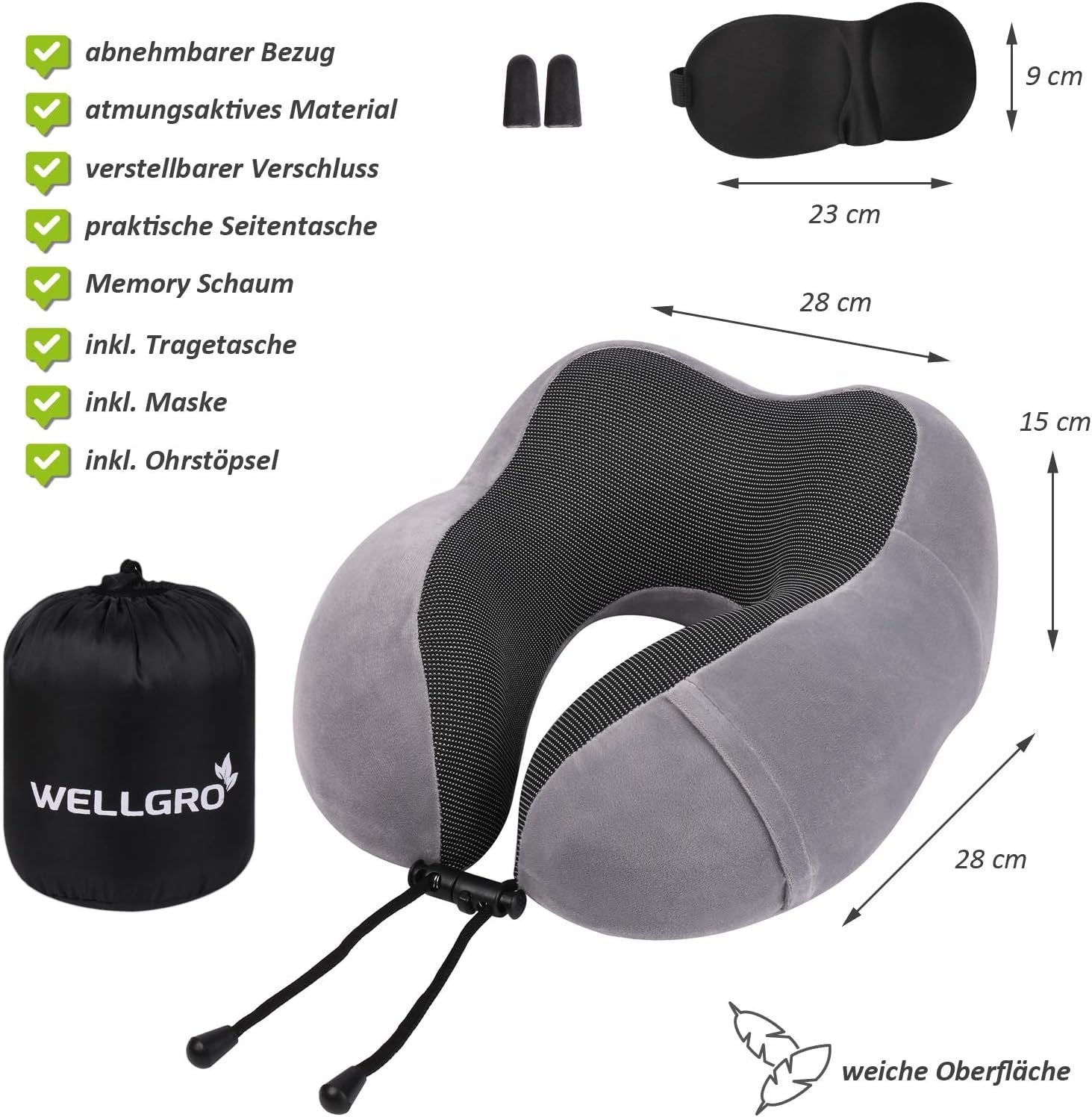 WELLGRO Nekkussenset met 3D-slaapmasker en oordopjes - Afneembare hoes - Traagschuim - Ritssluiting - Inclusief opbergtas - Reiskussen - Kleur selecteerbaar, Kleur: Grijs Cervicale Orthopedische Kussens Naty Shop