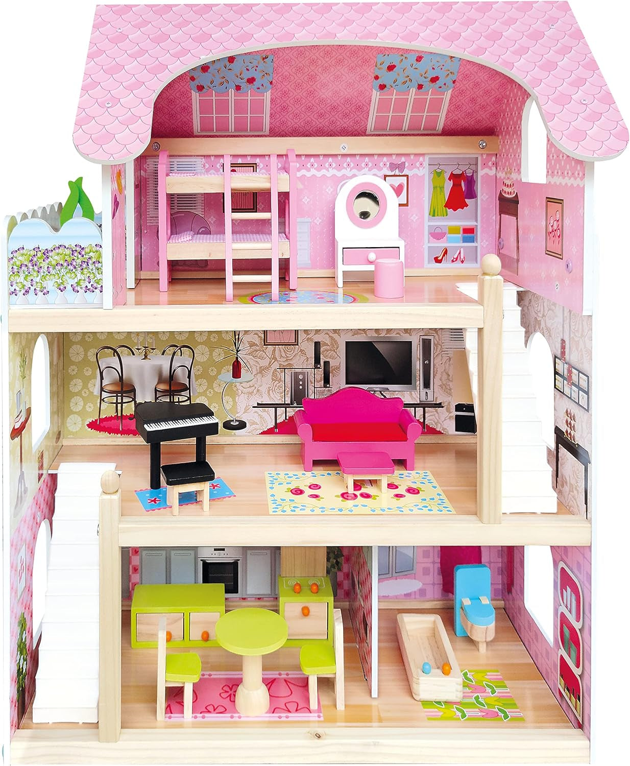 Bino World of Toys Poppenhuis met balkon, Speelgoed voor peuters vanaf 3 jaar, met 3 verdiepingen, trappen, 4 kamers en balkon incl. 15-TLG. Accessoires, Om de vaardigheden van kinderen te bevorderen, Roze ontwerp Poppenhuizen Naty Shop Standaard titel