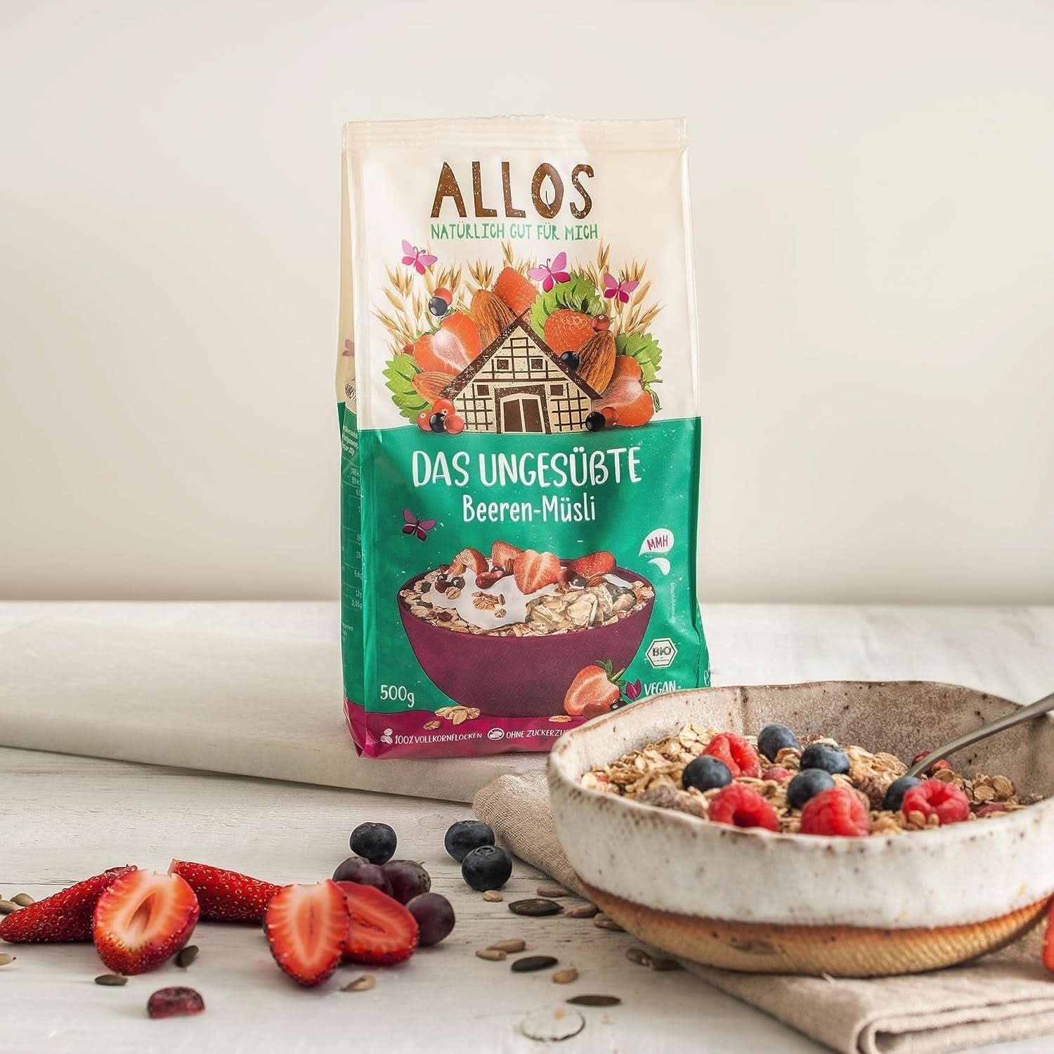 Allos, ongezoete bessenmuesli, verpakking 5 x 500 gram Granen Naty Shop