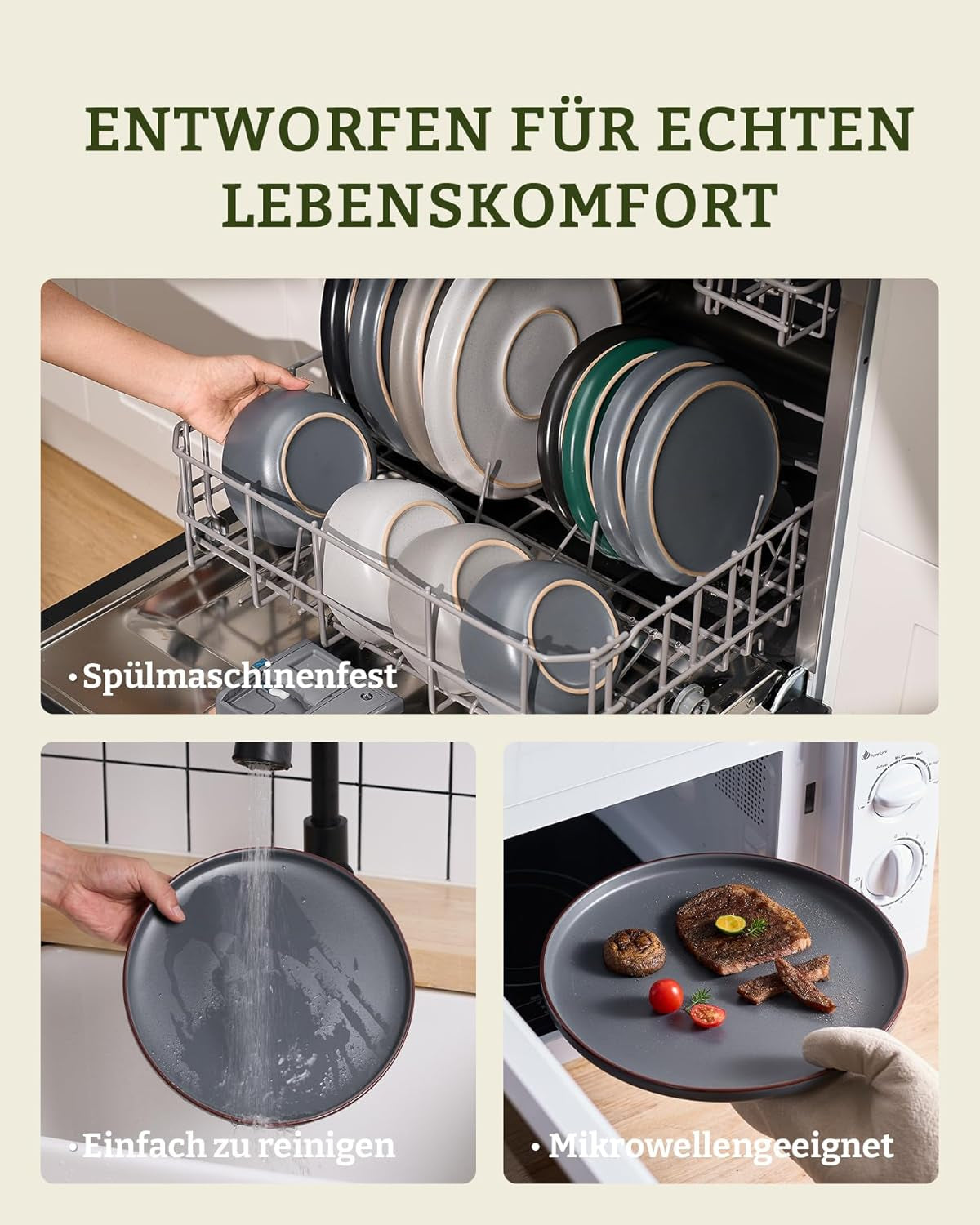 Mercury serviesset, 12-delige serviesset, 4-persoons aardewerk serviesset met dinerborden, dessertborden, ontbijtgranenschalen, magnetron- en vaatwasmachinebestendig, antracietgrijs