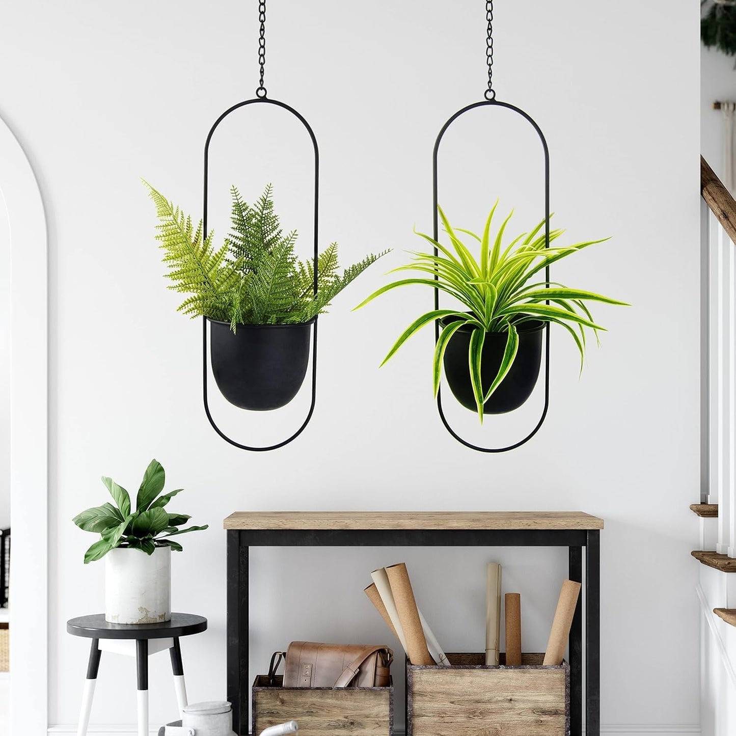 Hangende metalen bloempotten, 2 stuks, zwarte ovale geometrische plantenhanger met potten, moderne wand- en plafondplantenbak, binnen buiten, 15,2 cm, bloempotten, 2 stuks
