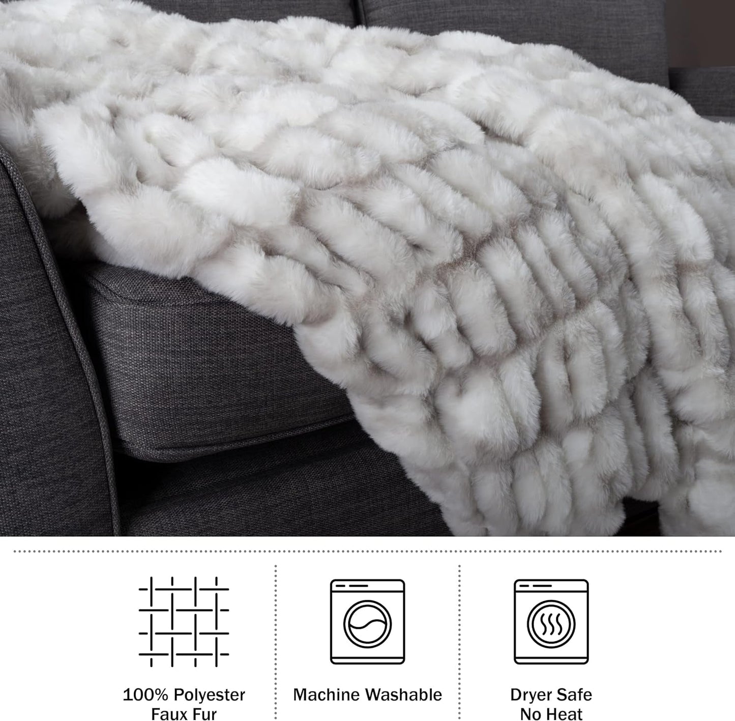 Lavish Home Oversized Gerüschte namaakbontdeken, 152,4 x 203,2 cm, jacquard namaakbont, queensize plaid voor bedden en banken, grijze bedden en dekens Lavish Home