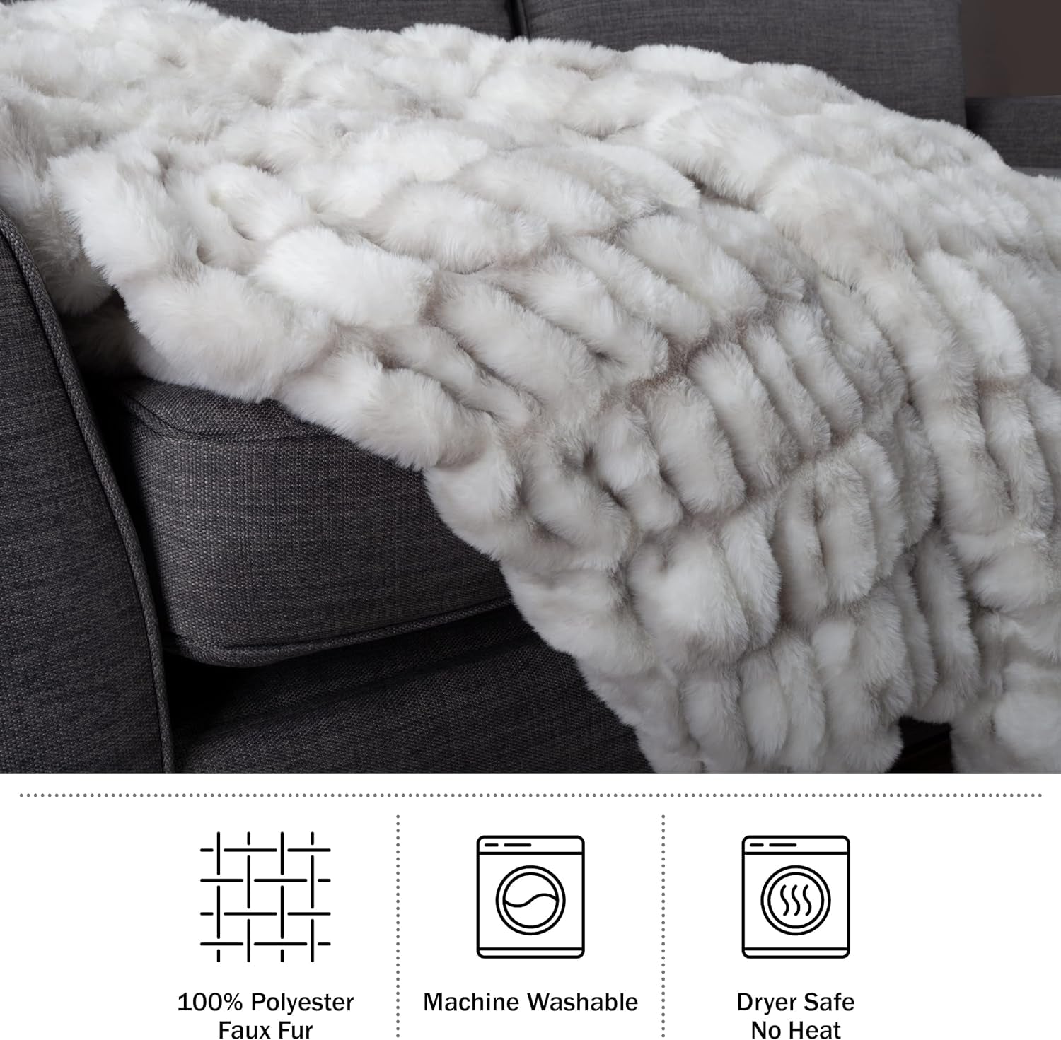 Lavish Home Oversized Gerüschte namaakbontdeken, 152,4 x 203,2 cm, jacquard namaakbont, queensize plaid voor bedden en banken, grijze bedden en dekens Lavish Home