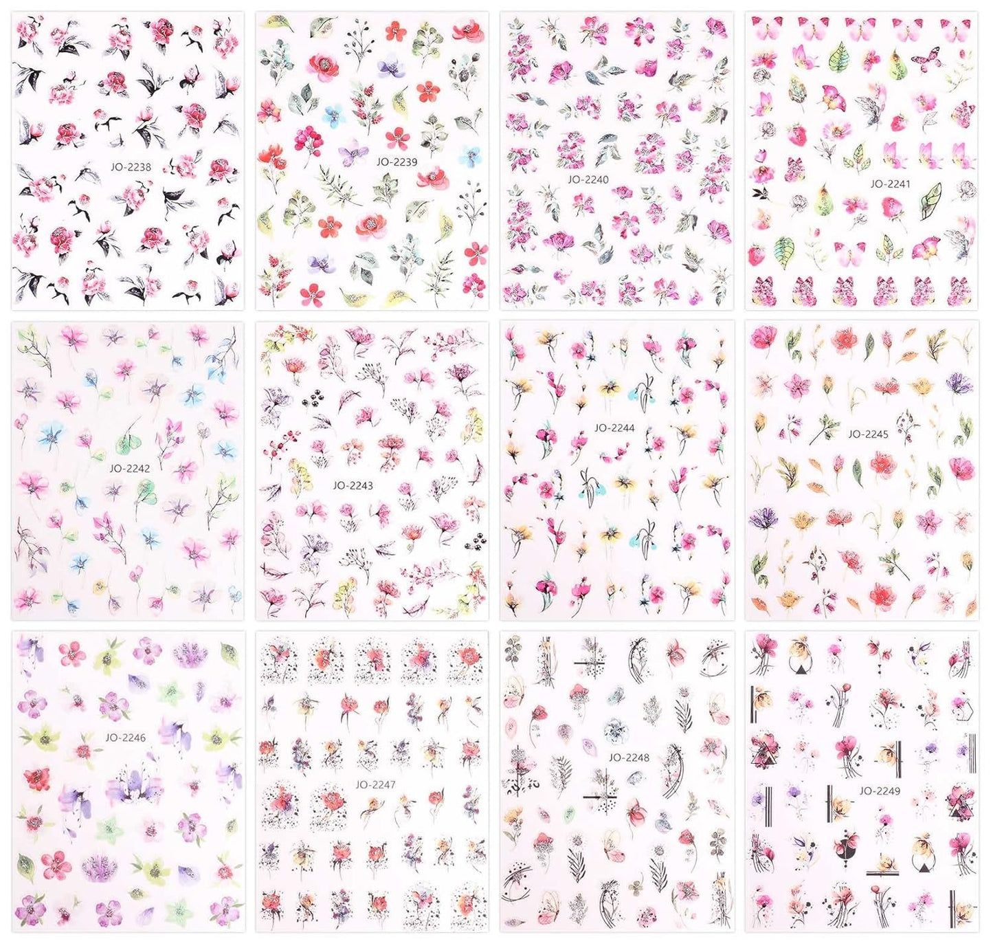 JMEOWIO Nagelsticker Frühling Blume 12 Blatt Nail Art Sticker Selbstklebend Nagelaufkleber Blätter Decoratie Nageldesign Zubehör