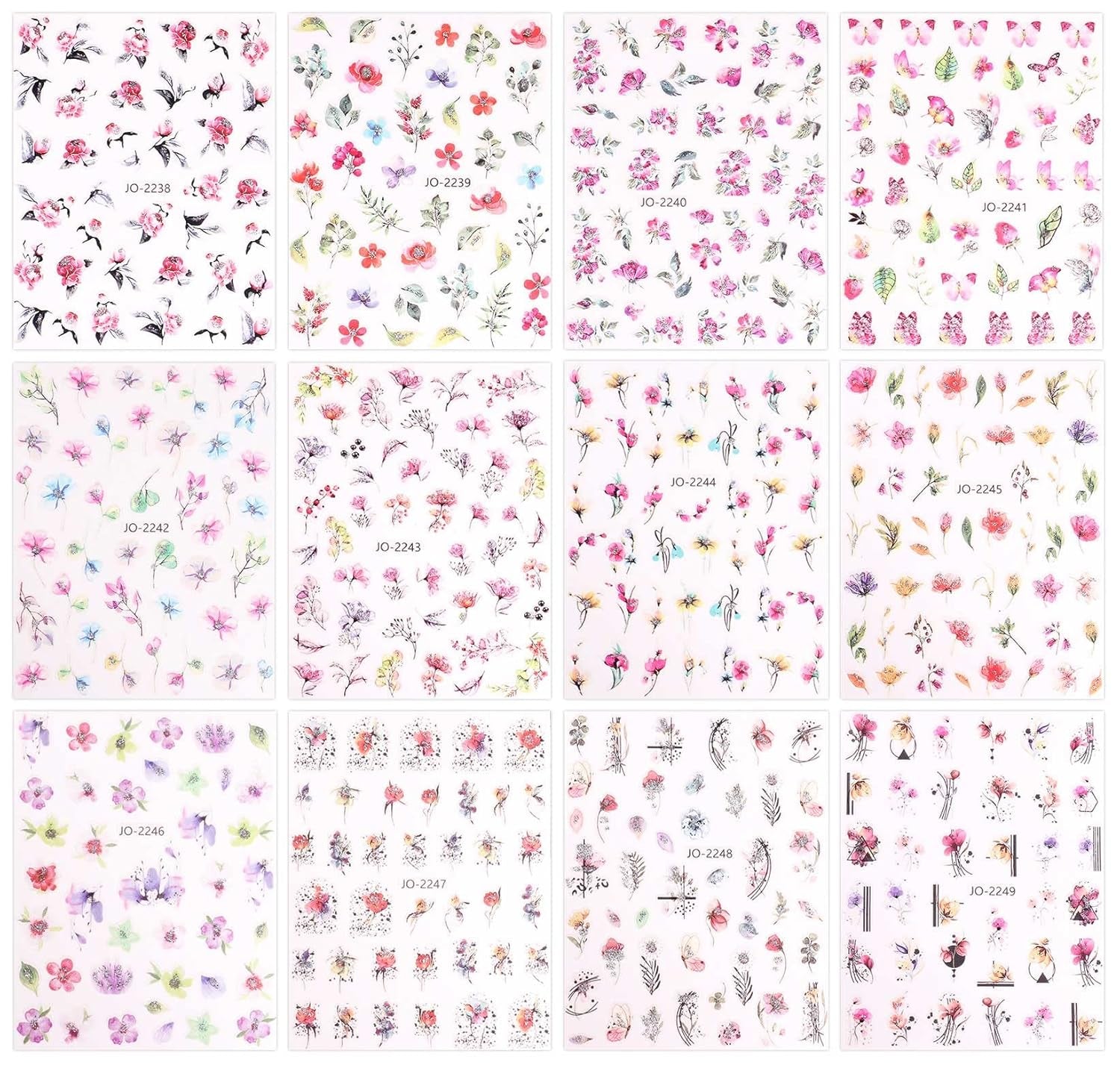 JMEOWIO Nagelsticker Frühling Blume 12 Blatt Nail Art Sticker Selbstklebend Nagelaufkleber Blätter Decoratie Nageldesign Zubehör