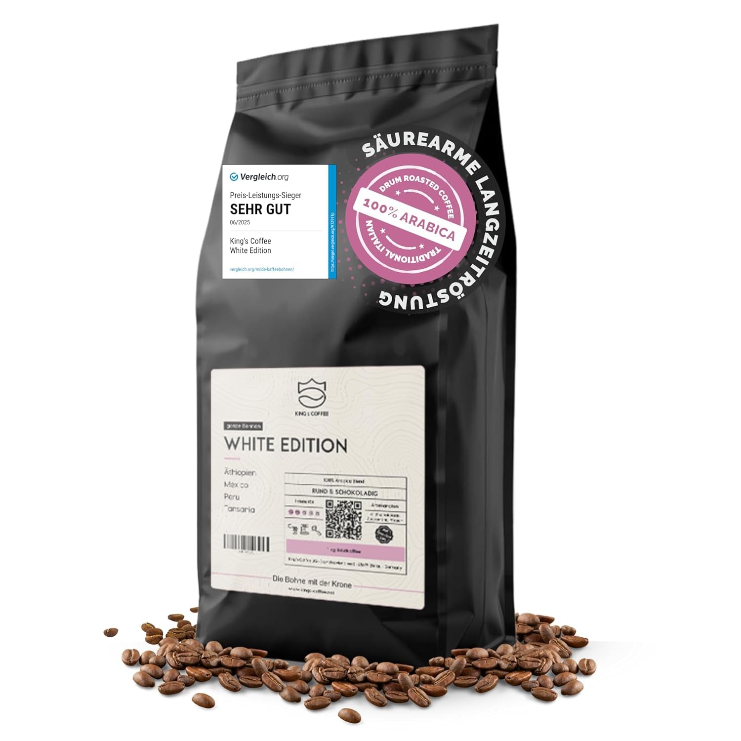 KING'S COFFEE - WHITE EDITION - lichte blend 100% Arabica uit Ethiopië, Mexico, Peru en Tanzania - kleine batching in Italië - hele espressobonen voor portafiltermachines - 1 kg