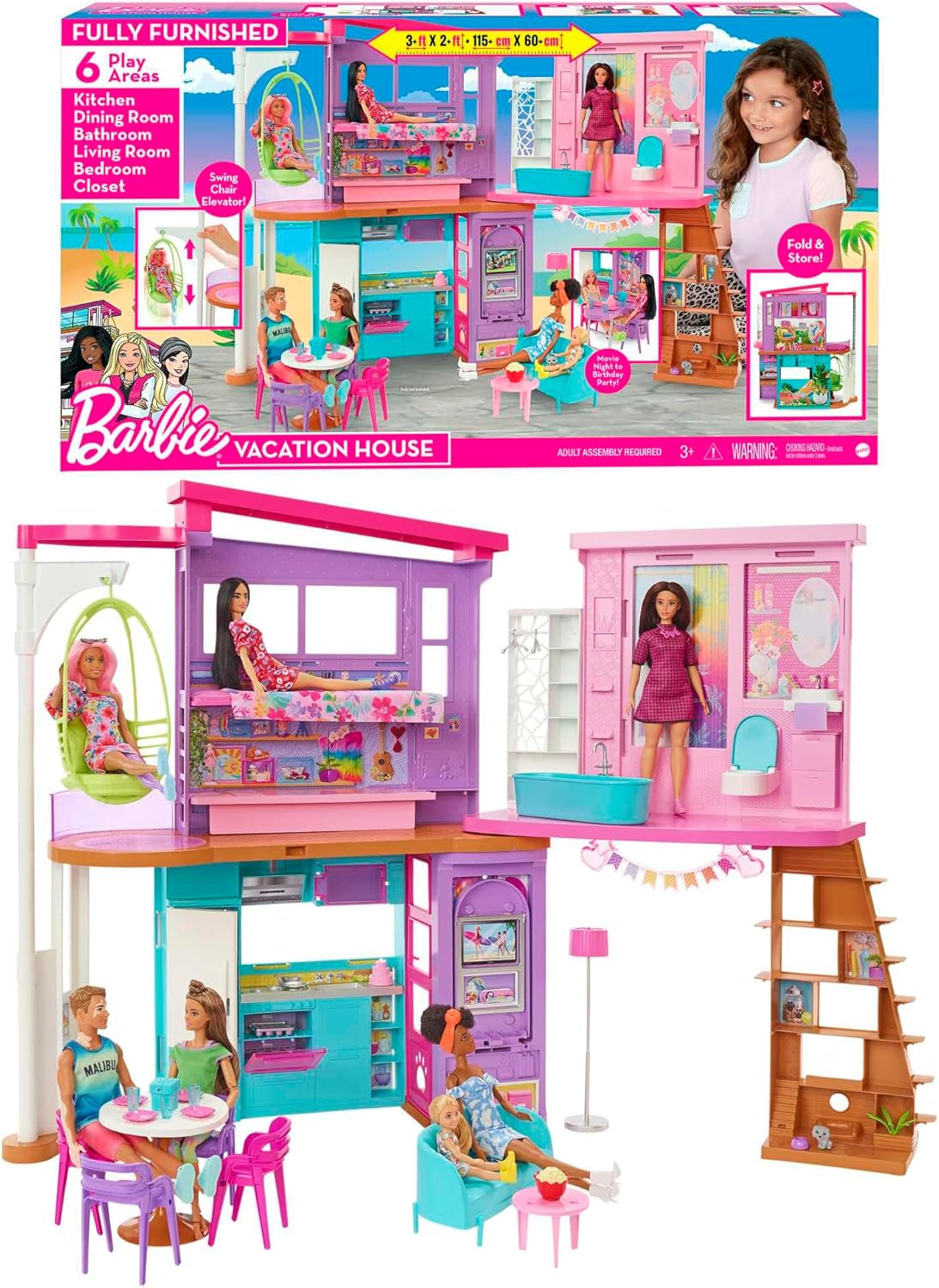 Barbie Vakantiehuis (116 x 77,9 cm), 6-zits speelhuis, volledig ingericht met accessoires, meubels en lift, opvouwbaar en opbergruimte, pop, cadeau voor kinderen vanaf 3 jaar, HCD50