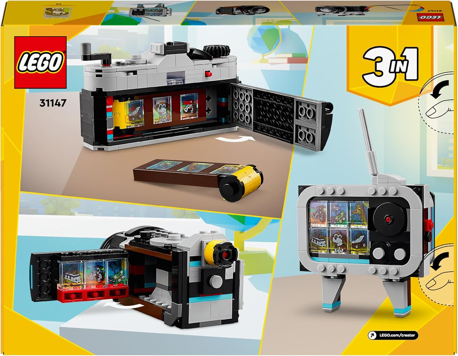 LEGO Creator 3in1 retrocameraspeelgoed, camcorder, tv-toestel, kinderbureaudecoratie of slaapkameraccessoires, fotografiecadeaus voor meisjes en jongens vanaf 8 jaar oud 31147 Bouwsets Bekijk de LEGO-Store