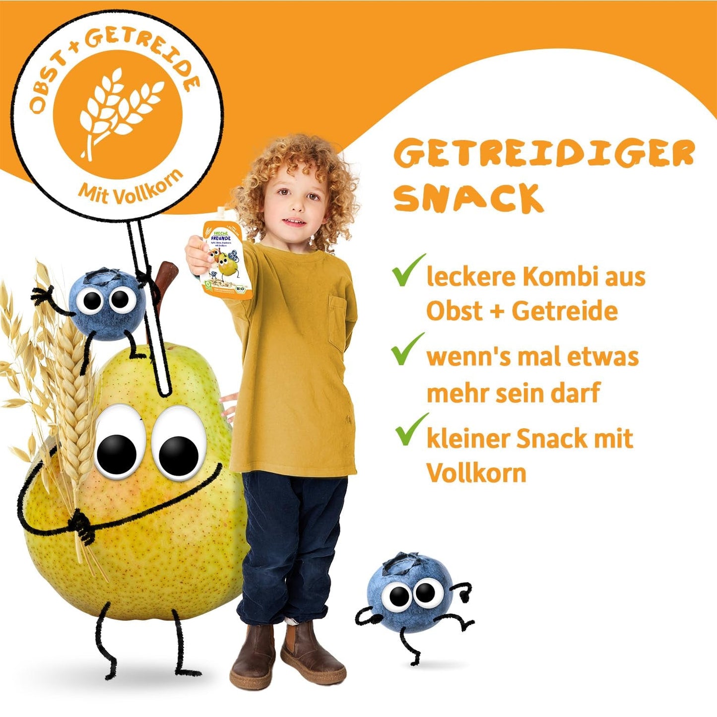 FRECHE FREUNDE Biologisch fruitzakje banaan, appel, framboos, bosbes met haver, fruitpuree met granen in een knijpbaar zakje voor baby's vanaf 6 maanden, veganistisch, 6 stuks (6 x 100 g)