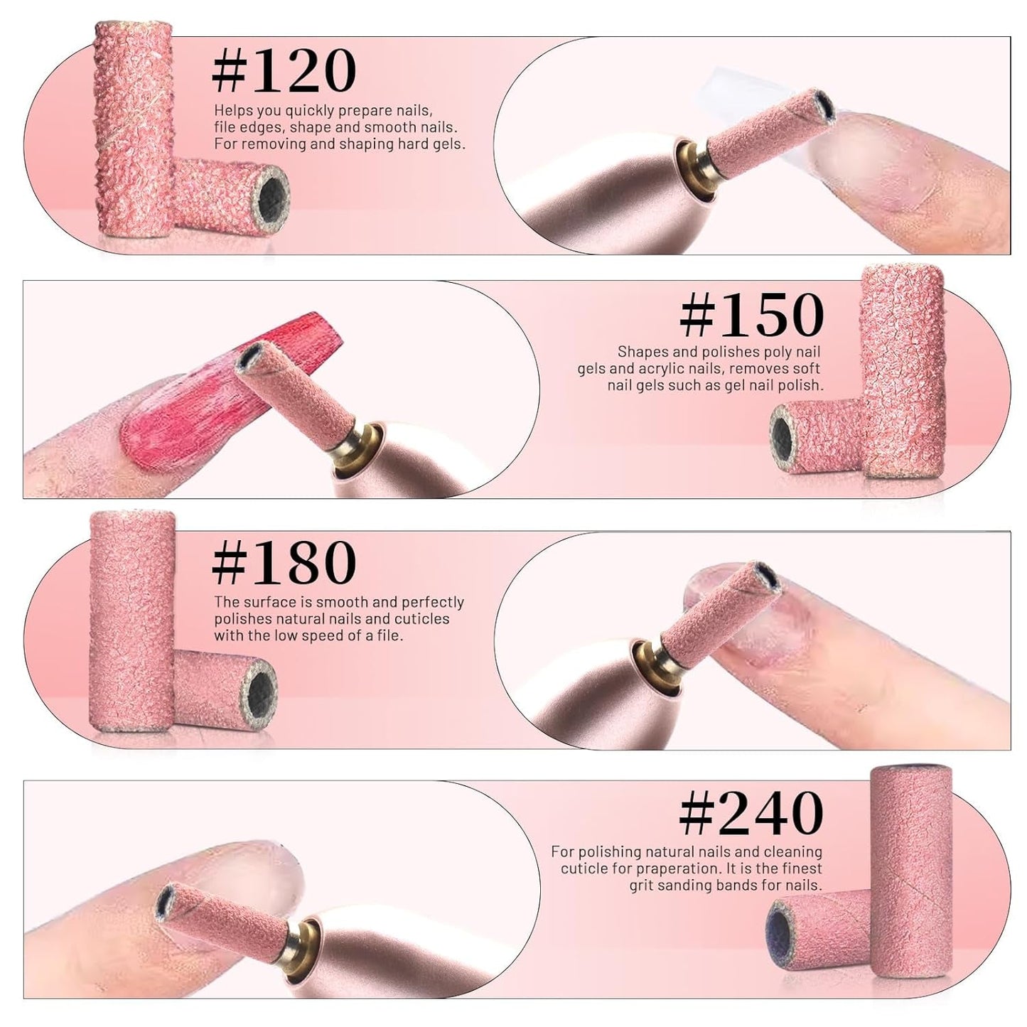 BLESWIN 100 stuks kleine schuurbanden voor nagelboren, fijn 240 korrel met 2 stuks 3 mm boren, mini-schuurbanden voor het polijsten van natuurlijke nagels en het reinigen van nagelriemen voor voorbereiding, roze
