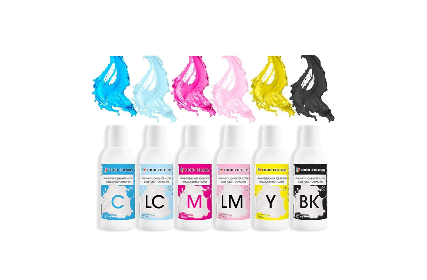 Kleurstofset met eetbare inkten voor plotters 6 x 100 ml | Lichtcyaan | Cyaan | Lichtmagenta | | Magenta | Geel | Zwart | Eetbare bedrukking, Waferpapierbedrukking, decoratieve taarttopping