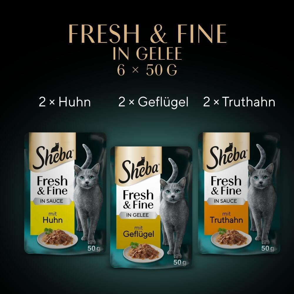 Sheba Portiezakjes Nat kattenvoer, vers en fijn kalkoen- en kipgelei multipack, 6x6x50g - Hoogwaardig kattenvoer met kalkoen en kipgelei
