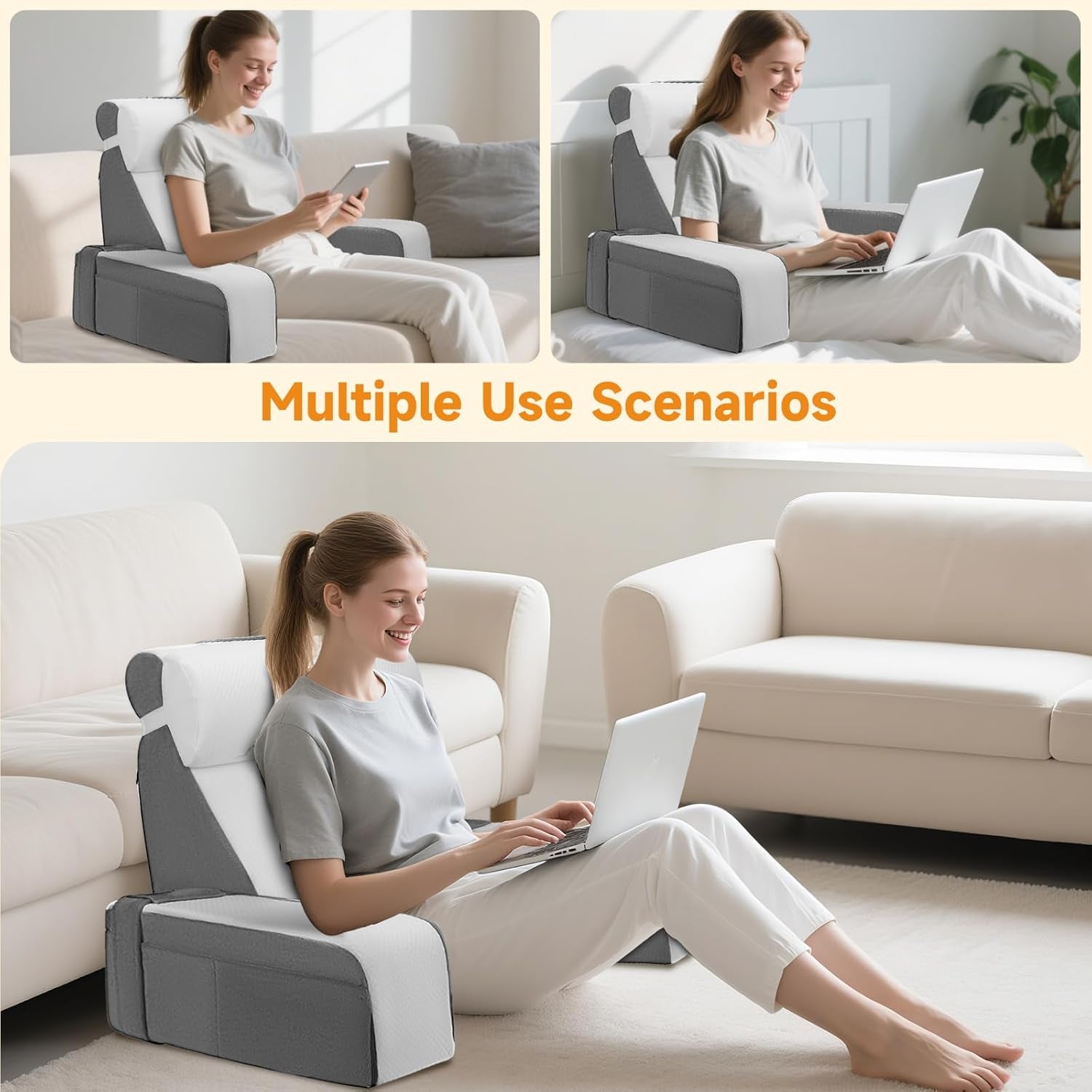 Groot leeskussen met afneembare neksteun en armleuningen, rugkussen voor bed, ergonomisch rugkussen met arm, zak en wasbare hoes voor lezen en tv kijken.