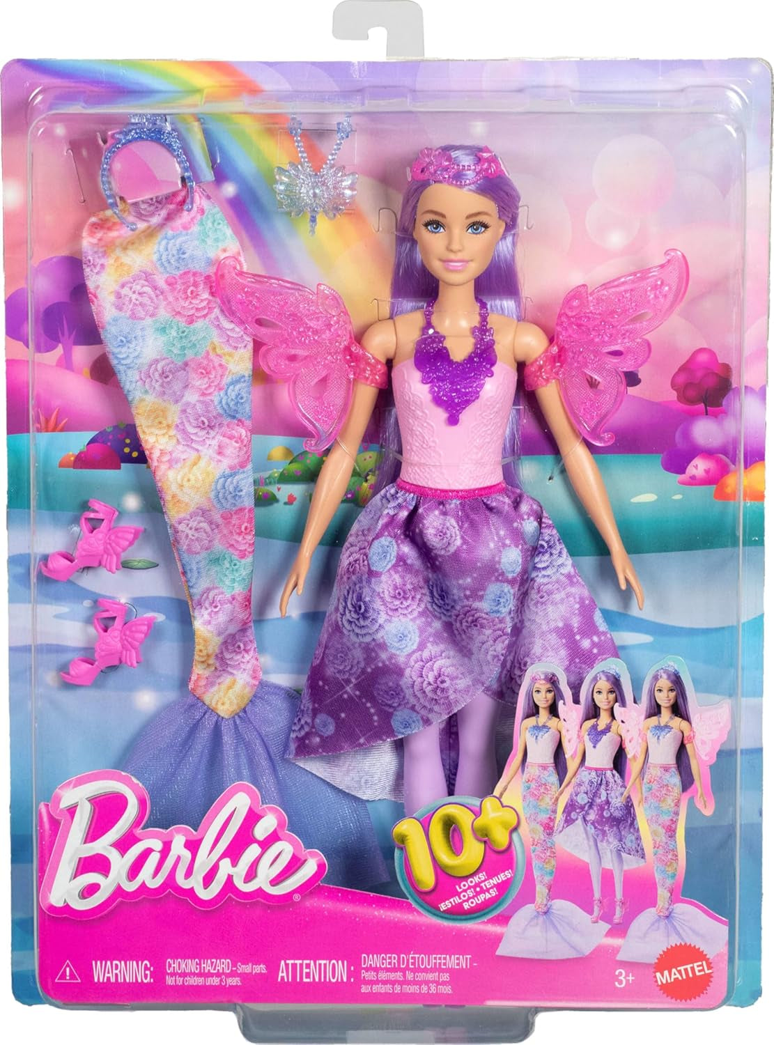 Barbie 3-in-1 speelset met 8 accessoires, waaronder zeemeerminstaart, sprookjesvleugels, koninklijke kettingen, schoenen en meer voor 10+ verschillende looks, JCP74