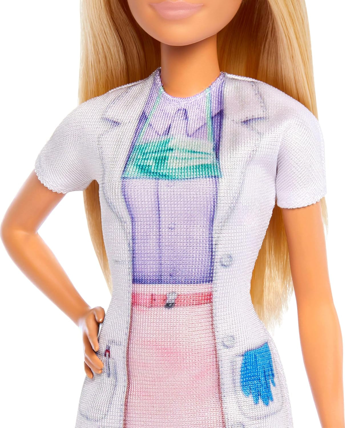 Barbie Tandartspop, modepop met blond haar, blauwe jurk en laboratoriumjas, 1 kinderpop, examenaccessoires en diverse accessoires, JCR74