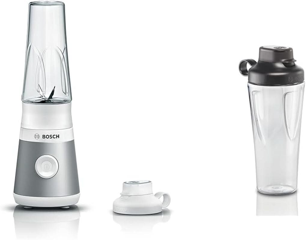 Bosch Mini-Standmixer Vitapower Serie 2 MMB2111S, Highspeed-Mixer, Bis Zu 40.000 Rpm, Tritan Togo-Flasche 0,6 L, Trinkdeckel, Bruchsicher, Spülmasch.Geeignete Teile, 450W, Silber/Schwarz Kitchen Naty Shop Bundle Mit Togo-Flasche Silber / Weiß