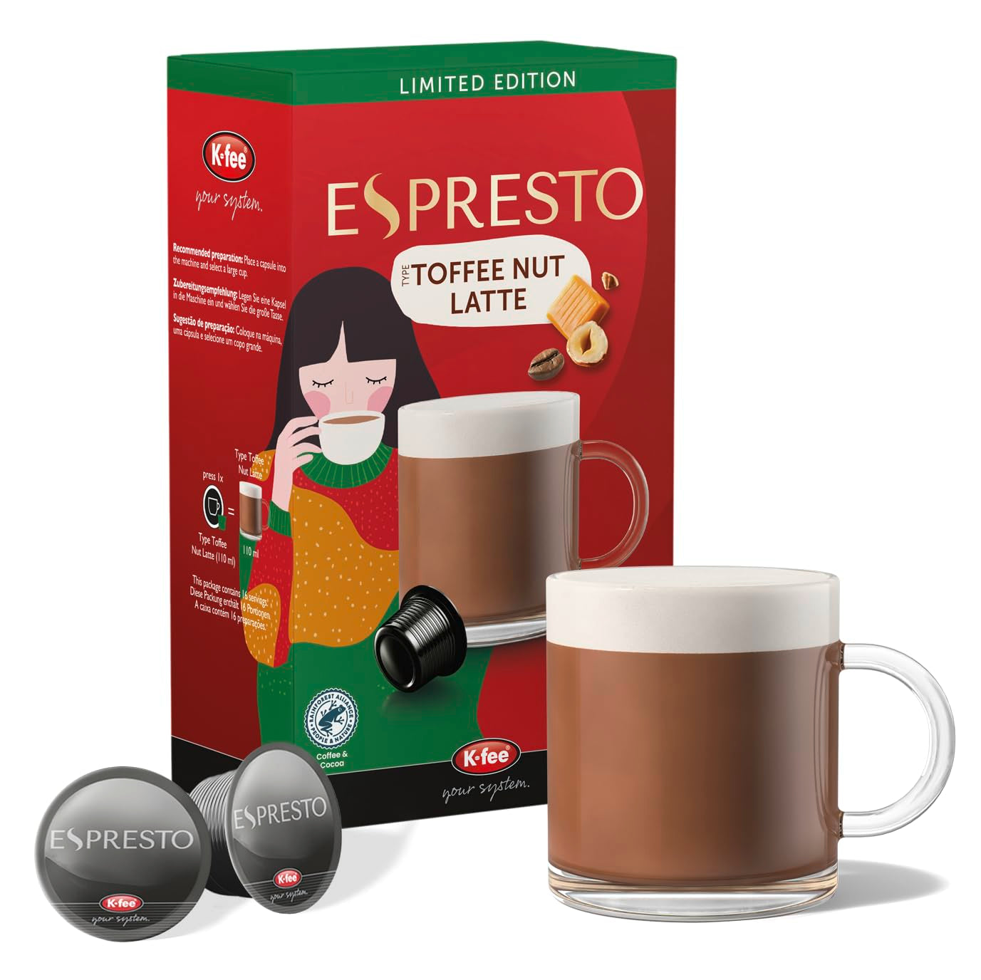 ESPRESTO Toffee Nut Latte, compatibel met K-fee & ALDI EXPRESSI*, gearomatiseerde melkkoffie, RFA-gecertificeerd, 96 capsules