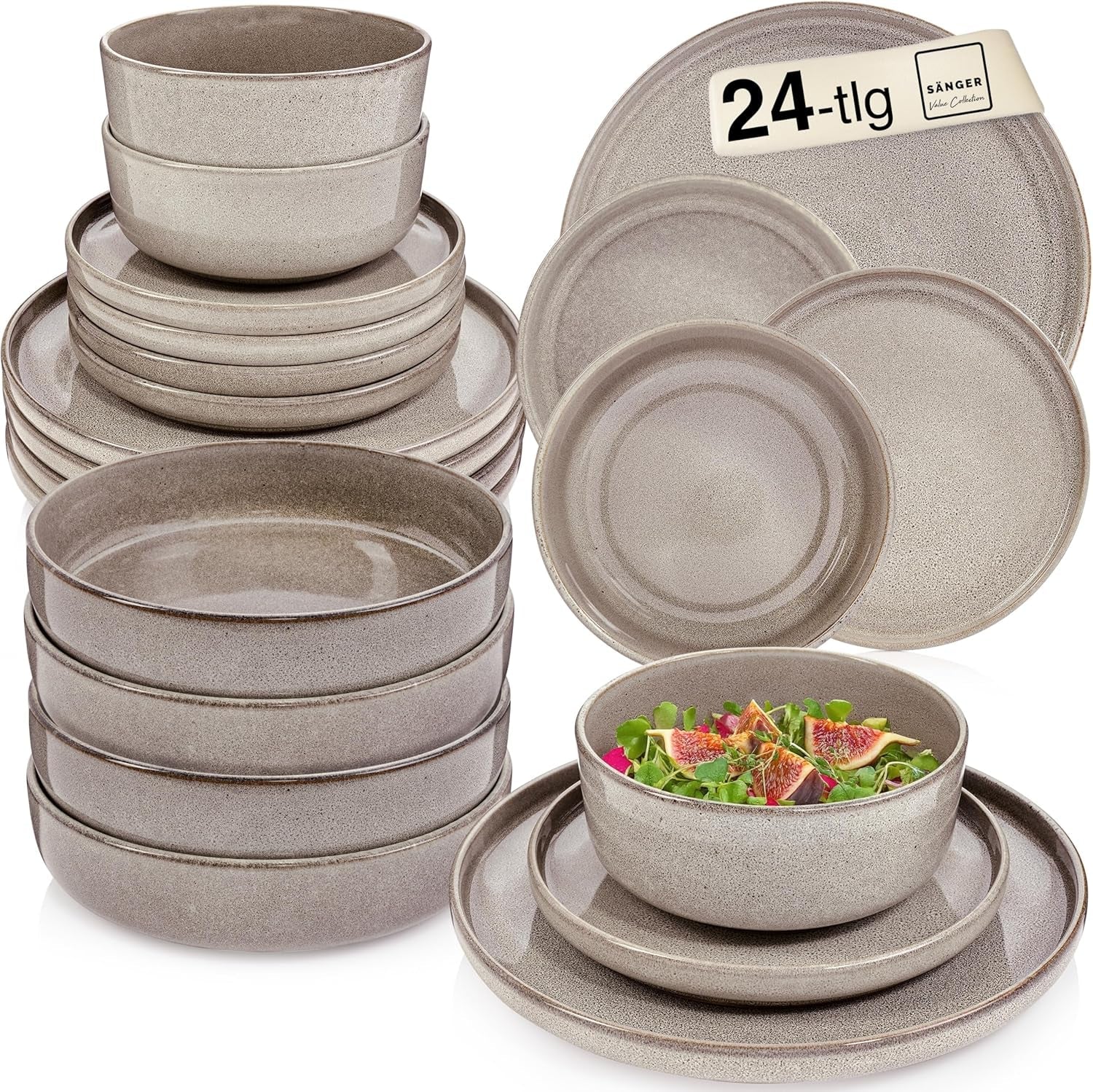 SÄNGER Caïro Klei | 24-delige serviesset, aardewerk serviesset voor 6 personen, 6 borden, 6 dessertborden, 6 pastakommen, 6 serveerschalen, grijze serviesset | DE WAARDE-COLLECTIE