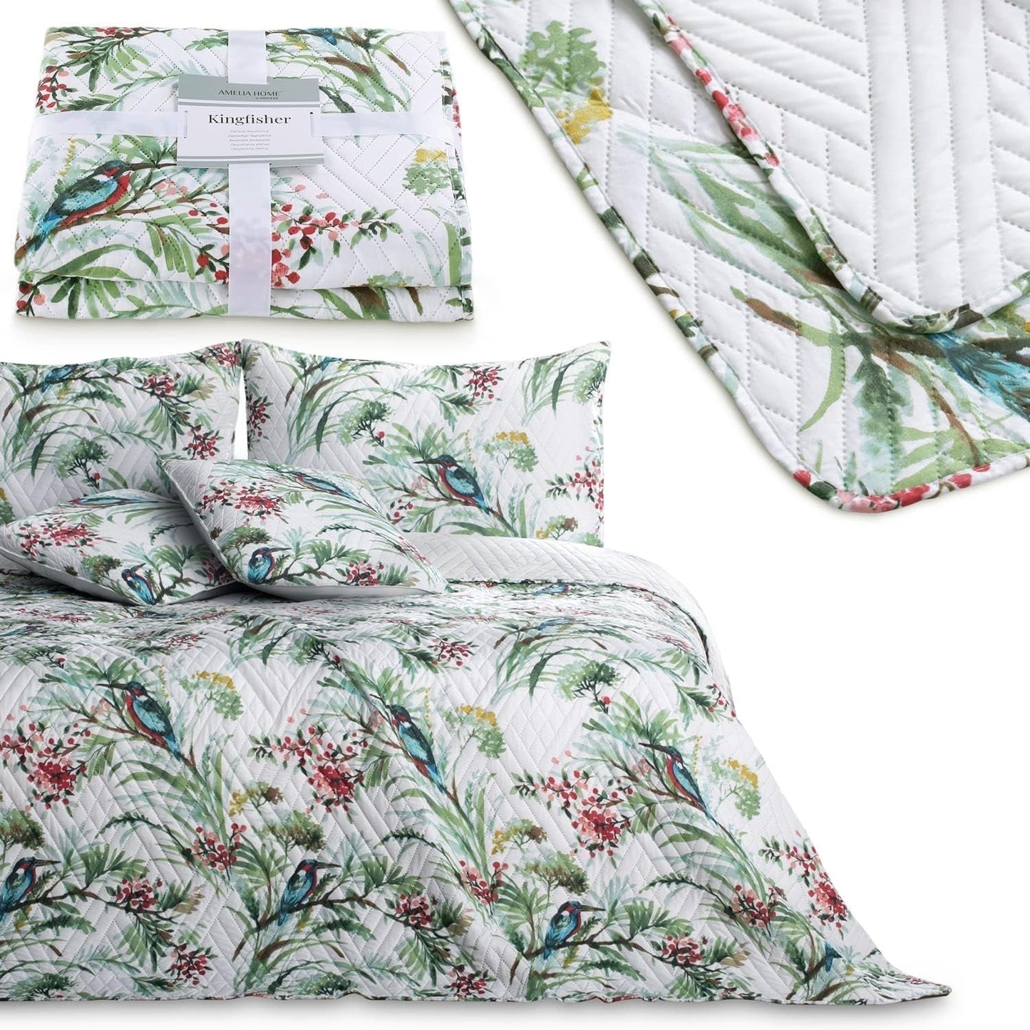 Ameliahome Sprei Sprei 260X280 Cm Dubbelzijdig Onderhoudsvriendelijk Quilten Plantpatroon Vogelpatroon Veelkleurig Kingfisher Bedden en Dekens Besuche den AmeliaHome-Store