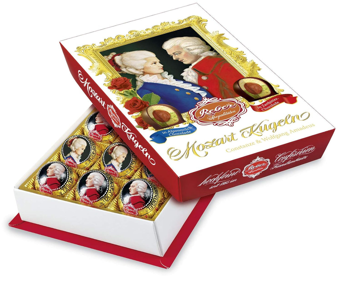 Reber Mozart-balletjes met pure chocolade, verpakking van 6 met marsepein en nougat, veganistisch - 1 x 120 g