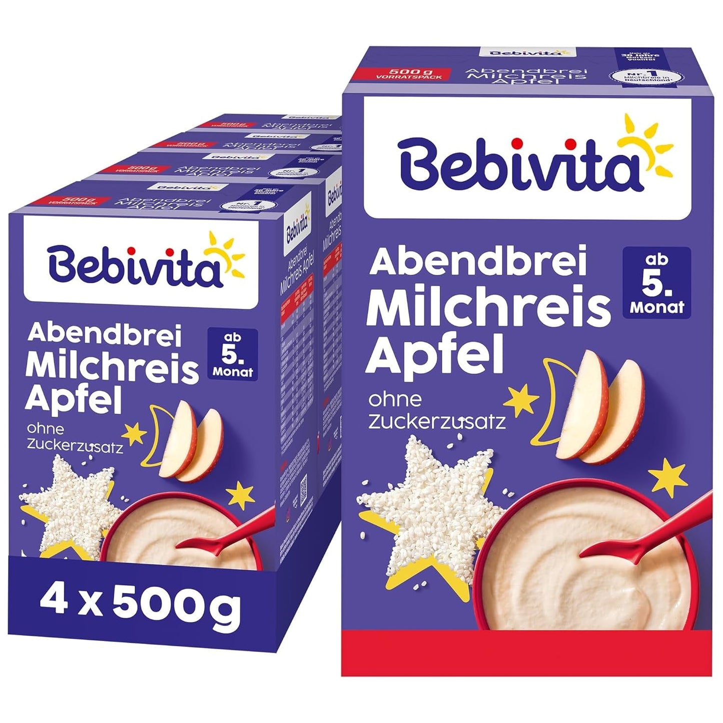 Rijstpudding met appels en avondpap (4x500g), melkpap vanaf 5 maanden, met waardevolle mineralen en vitaminen, zonder toegevoegde suikers, zeer vullend