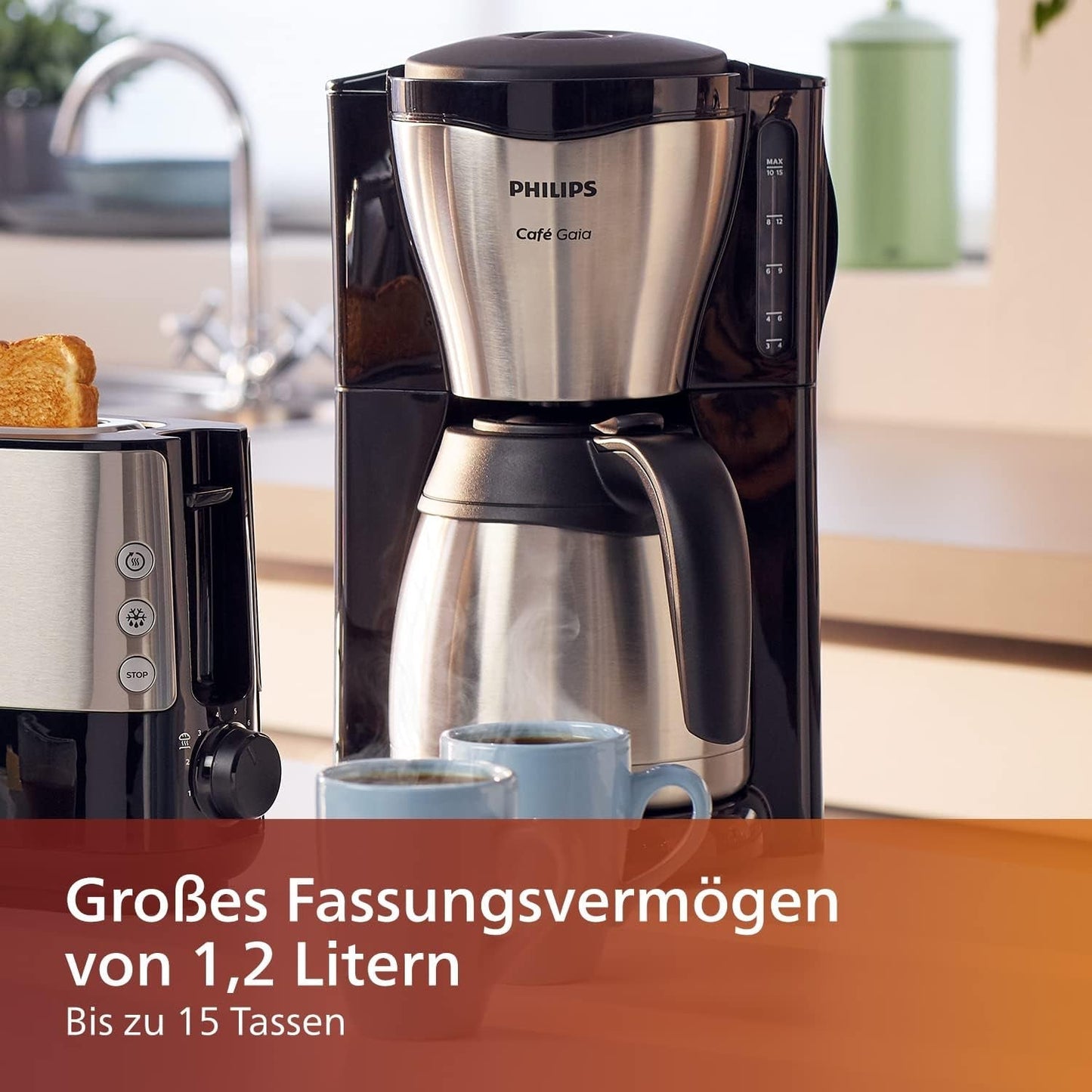 PHILIPS Café Gaia Filter-espressomachine - roestvrijstalen thermoskan, antidruppelsysteem, intens aroma, automatische uitschakeling, 1300 ml, zwart (HD7546/20)