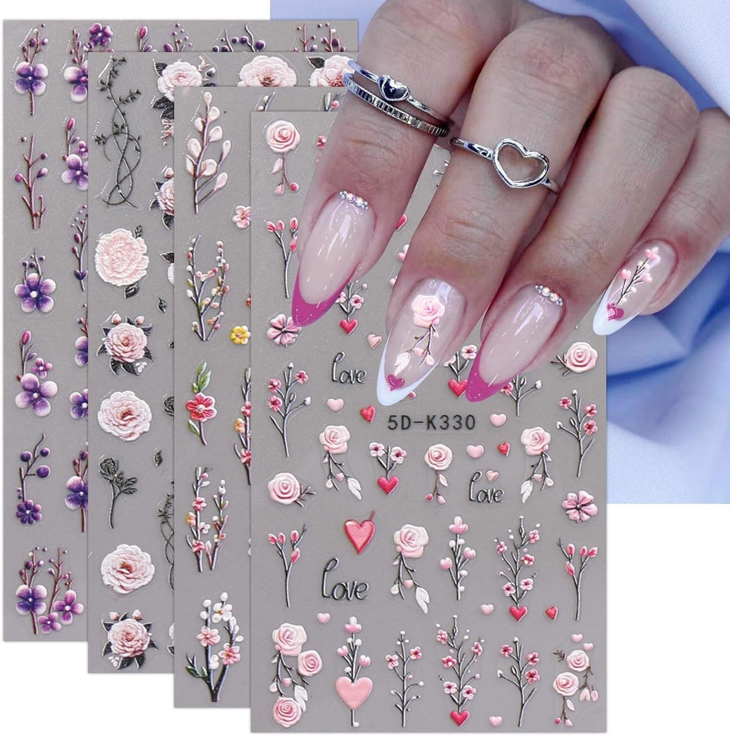 JMEOWIO 3D Nagelsticker Blumen Nail Art Sticker Selbstklebend Nagelaufkleber 5D Stereoskopisch Frühling Zomer Decoratie Nageldesign Zubehör 4 Blatt