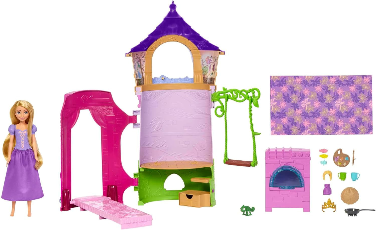Disney Princess HMV99 - Beweegbare Rapunzel-pop en speeltoren met rondom plezier, 6 speelplekken en 15 accessoires, geïnspireerd op de Disney-film, speelgoed voor poppen van 3 jaar oud Naty Shop Dolls Rapunzel's Tower