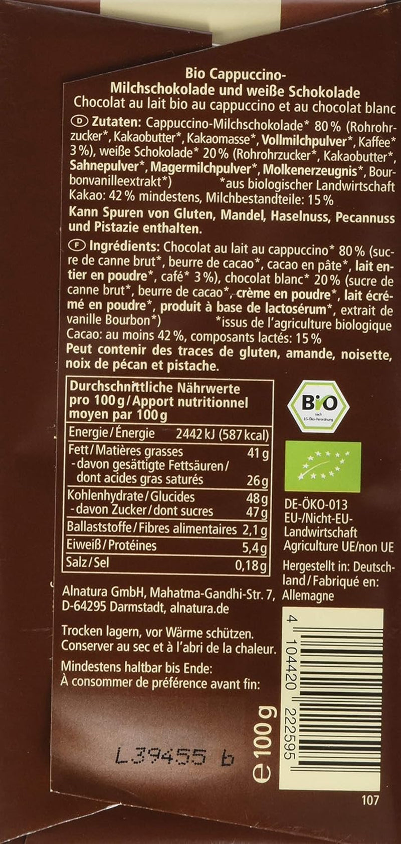 Biologische chocolade gevuld met cappuccino, 100g