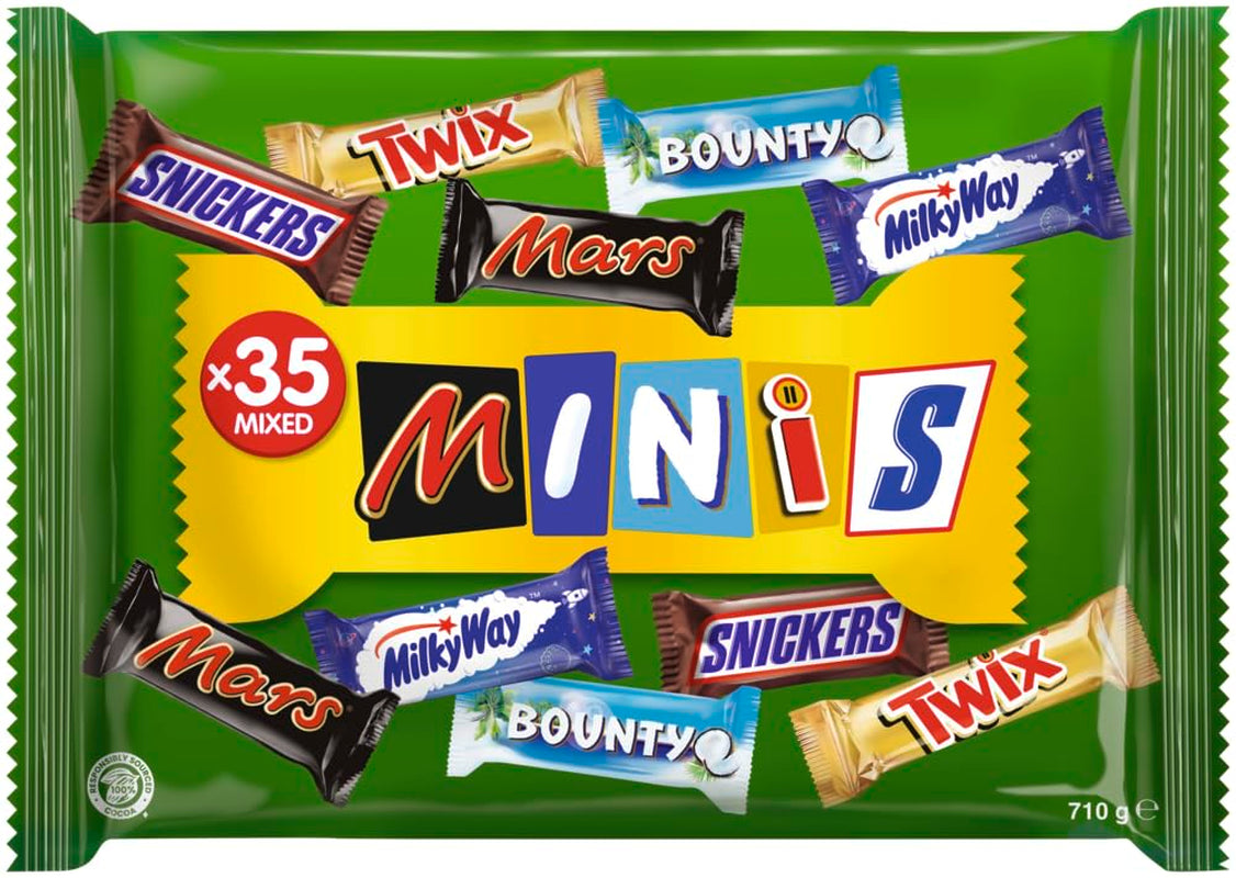 Mini gemengd chocolade bulkpakket, chocolade, 35 mini chocoladesnacks (Mars, Snickers, Bounty, Twix, Milky Way) als snoep, chocoladegeschenk, snoepdoos (710 g)