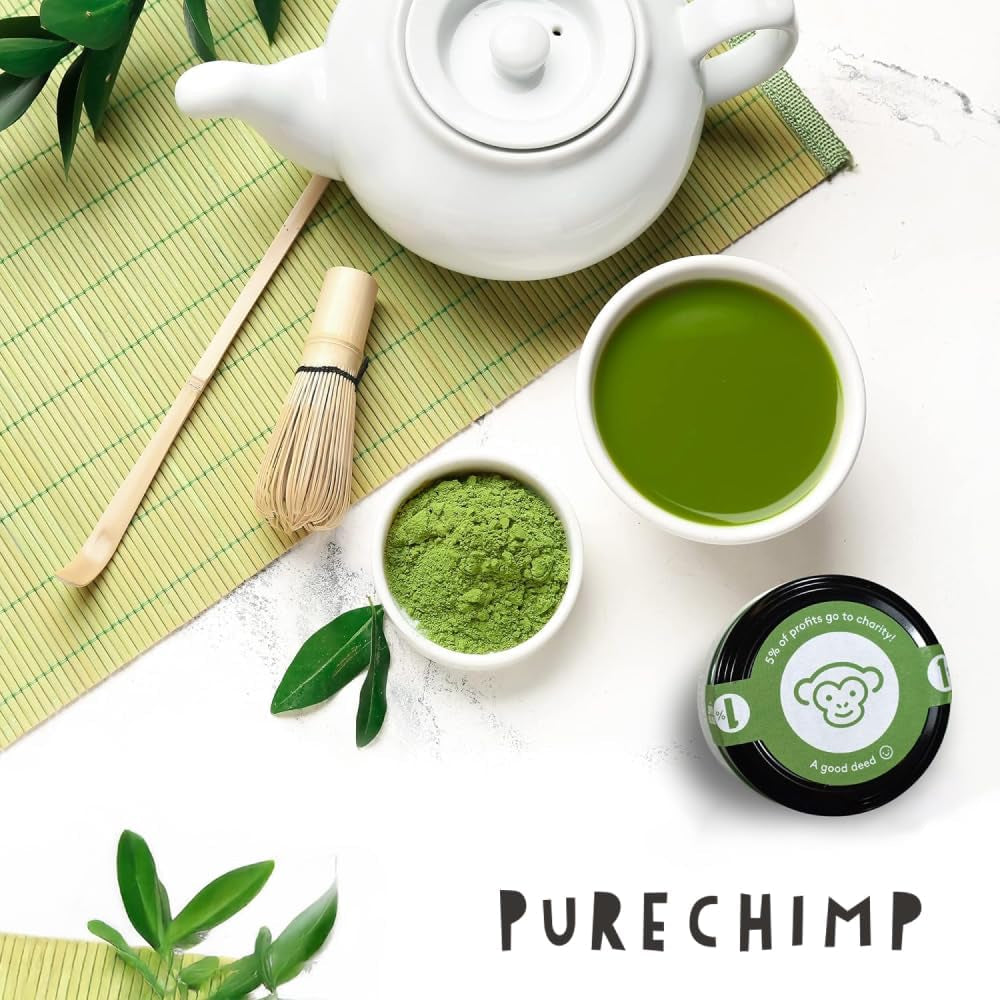 Purechimp Ceremoniële Matcha Poeder 50g. 100% puur schaduwtheepoeder voor lattes, infusies en recepten. Recyclebare pot. Rijk aan antioxidanten.