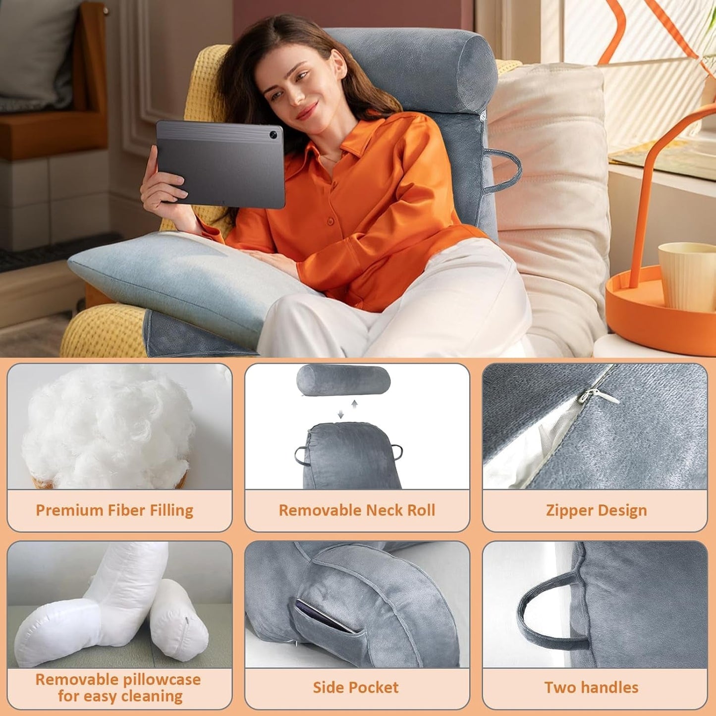 XL-leeskussen voor bed en bank met afneembare nekrol, ideaal rugkussen voor volwassenen met traagschuim voor comfortabel lezen, werken, spelen, tv kijken, ontspannen (grijs)