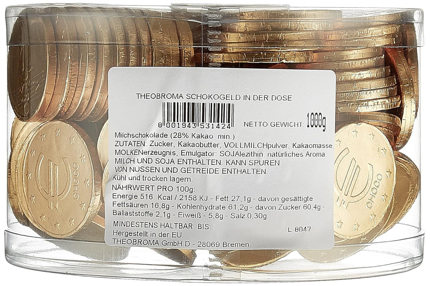 Theobroma Goldgeld Schokoladen Euros, Lose Münzen in Der Dose, 1Er-pakket (1 X 1 Kg) Naty Shop