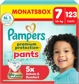 Pampers Premium Protection Broekje Maat 7, 123 Luiers, 15kg+, met 360° aanpassing en zachte anti-lek manchetten voor optimaal comfort en bescherming