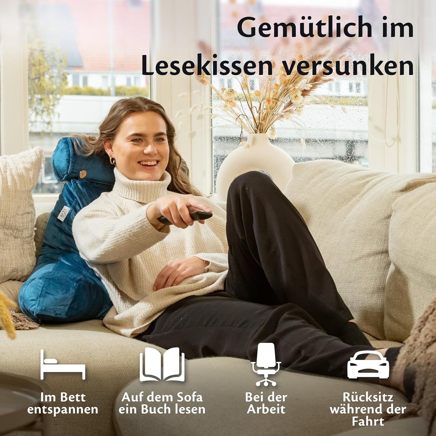 Ella Leeskussen voor bed en bank met afneembare nekrol - Rugkussen voor bed - Memory Foam Leeskussen met armleuningen, Ideaal om te lezen, TV te kijken, te ontspannen of als rugsteun - Grijs