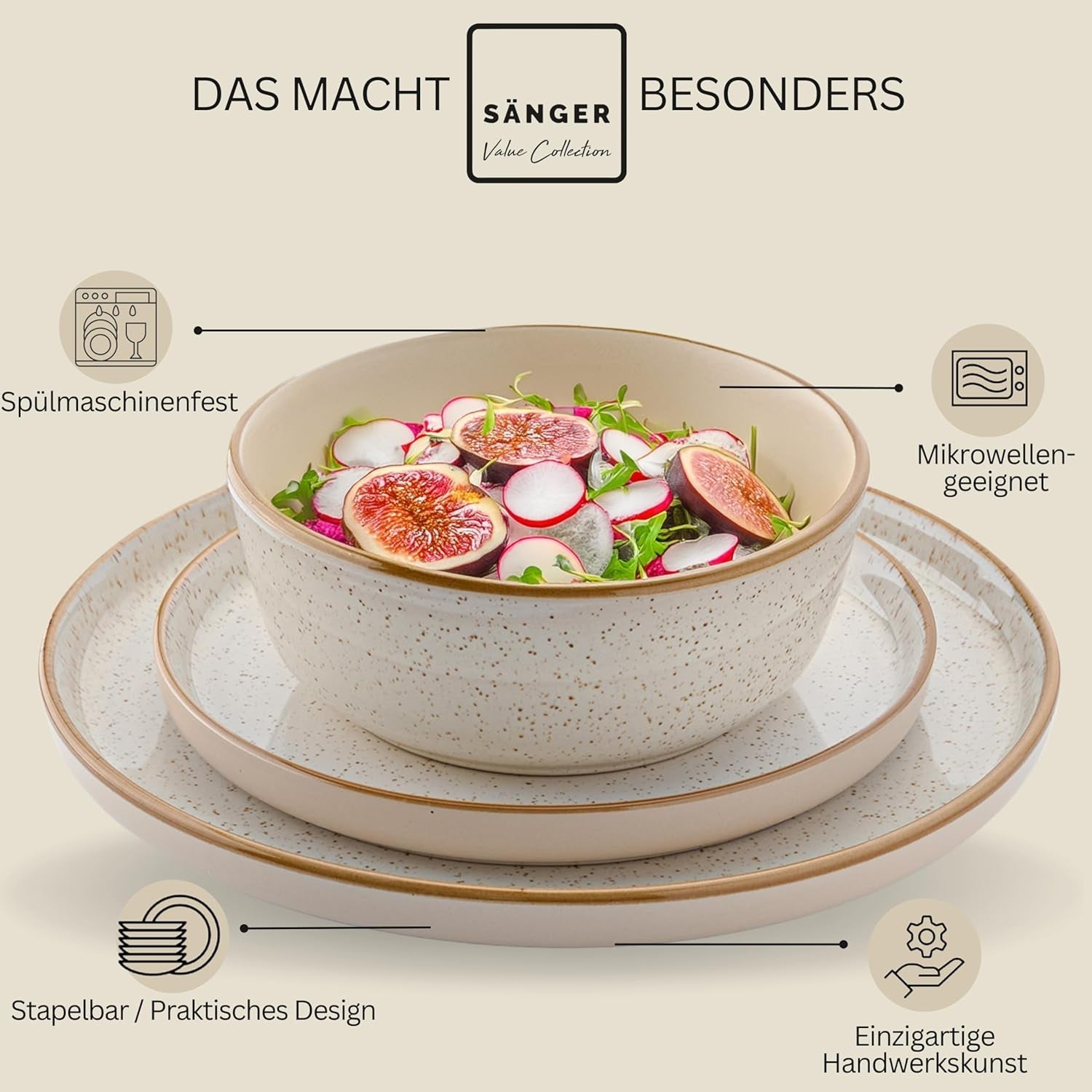 SÄNGER Rio Creme | 18-delige aardewerken serviesset voor 6 personen, inclusief 6 dinerborden, 6 dessertborden en 6 kommen | DE WAARDE-COLLECTIE