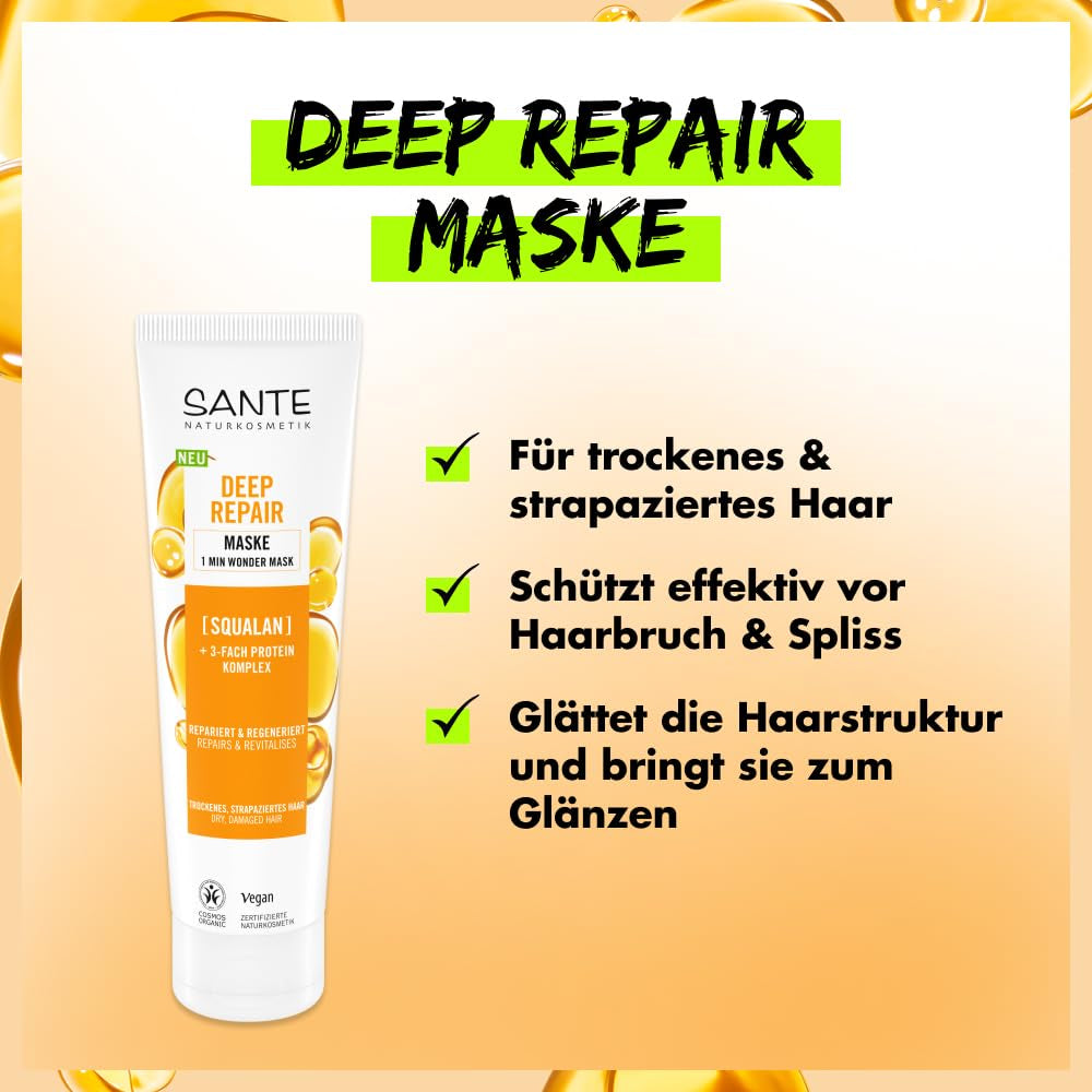 SANTE Natural Cosmetics Deep Repair Mask Squalane + 3x proteïnecomplex, veganistisch haarmasker voor intense hydratatie en flexibel haar, herstelt en regenereert beschadigd haar, 150 ml Naty Shop Haarmasker