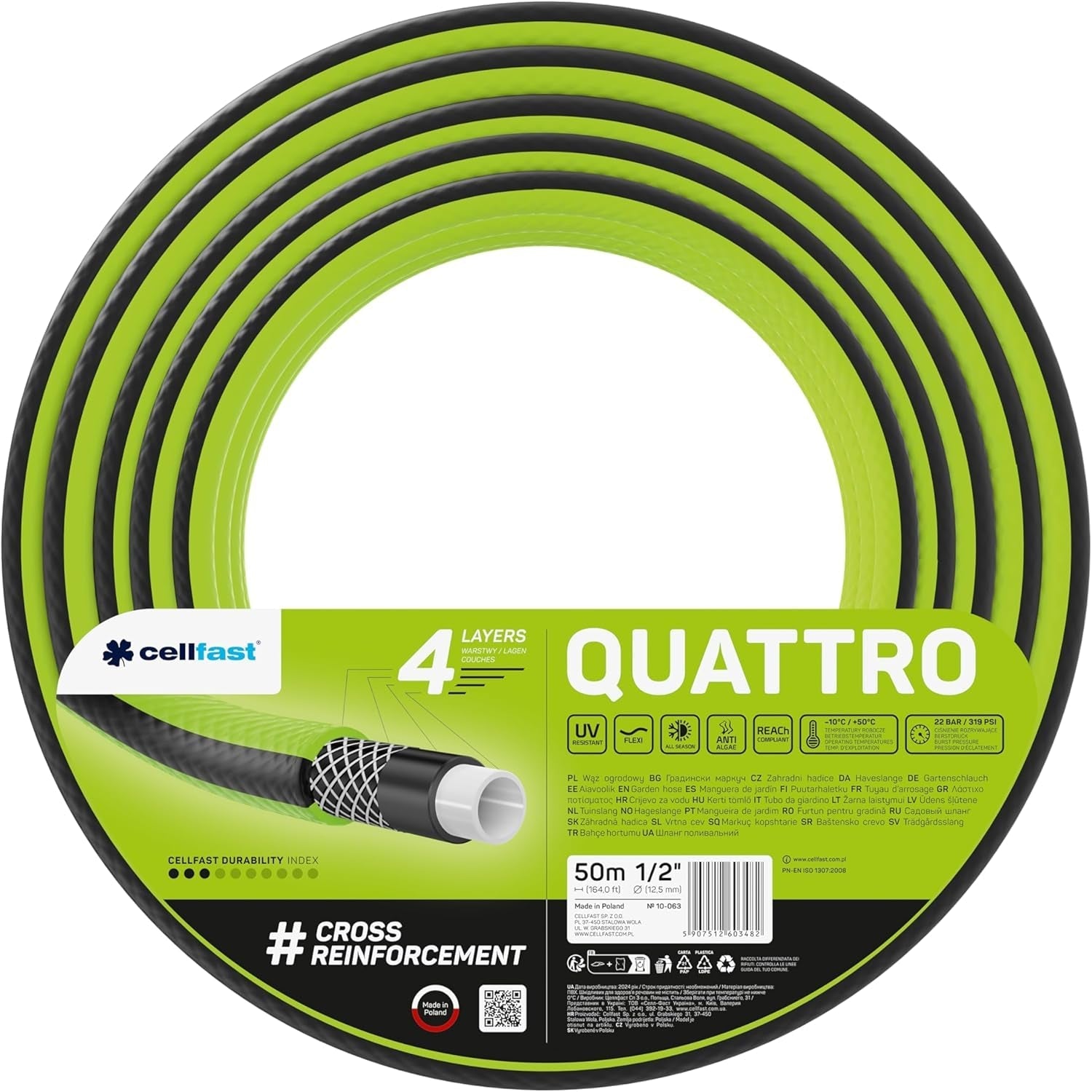 Cellfast QUATTRO Tuinslang Duurzaam Lichtgewicht 4 Ply UV-bestendig Draadslang Kruis Gevlochten 20 Bar 3/4" 15m 10-074