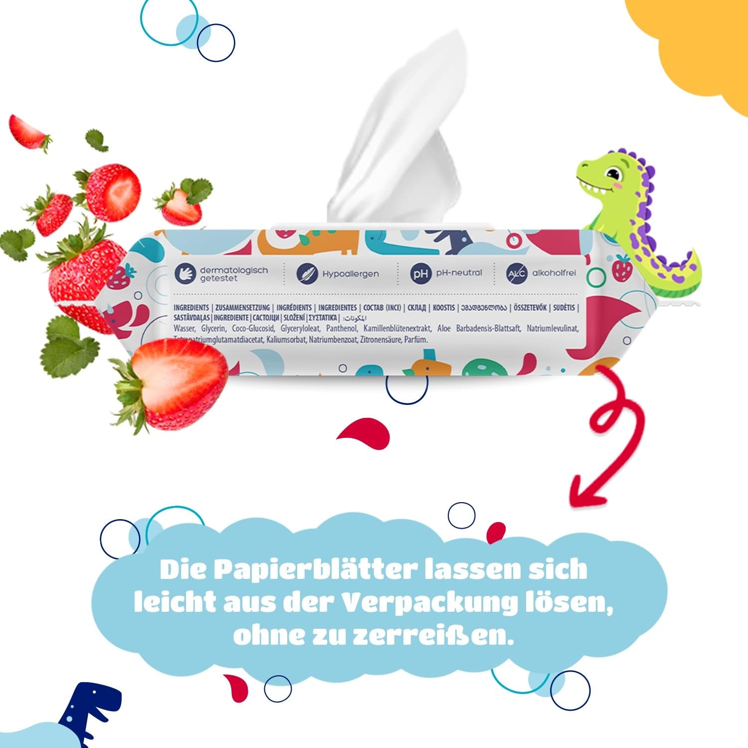 Kindii Fun Nat Toiletpapier - (10X60 stuks) Nat Toiletpapier - Kamille, Aloë Vera, Ph-neutraal, Watervast, Verfrist de intieme zone - 600 stuks