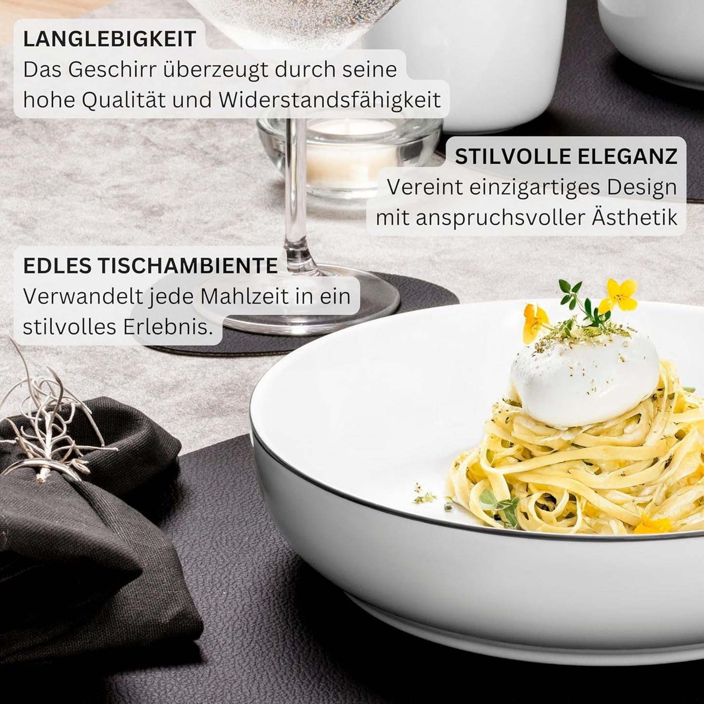 ZANGER | Marlo serviesset met zwarte en witte rand, 18-delige porseleinen serviesset voor 6 personen, wit met zwarte accenten, dinerborden, dessertborden en schalen, modern design | DE PREMIUM COLLECTIE