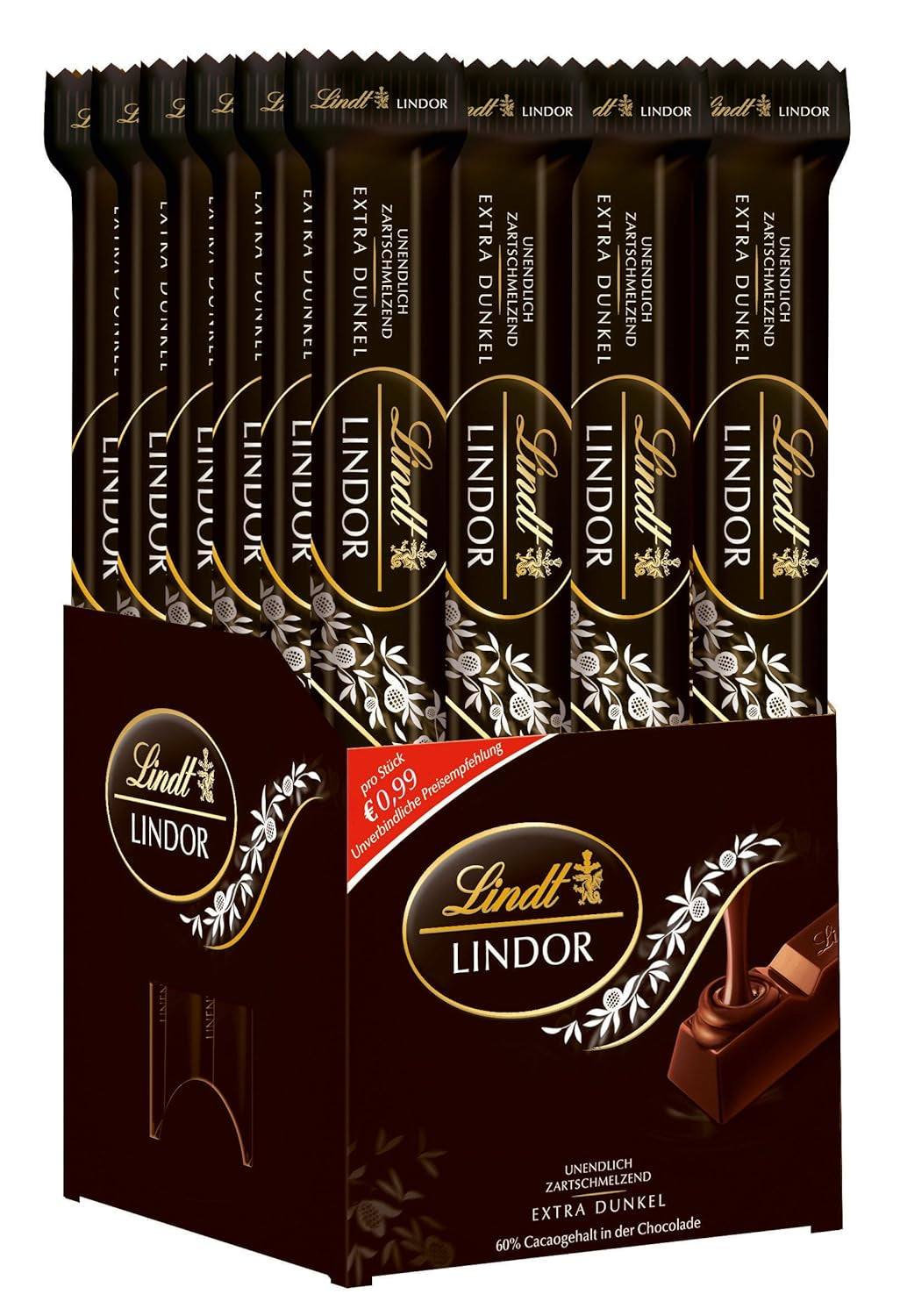 Lindt Chocolade Pure Chocolade Sticks LINDOR | 24 chocoladerepen x 37 g | Met een smeuïge, smeltende pure chocoladevulling met 60% cacao | Geschenk van chocolade | Geschenk van chocolade | Bulkpakket