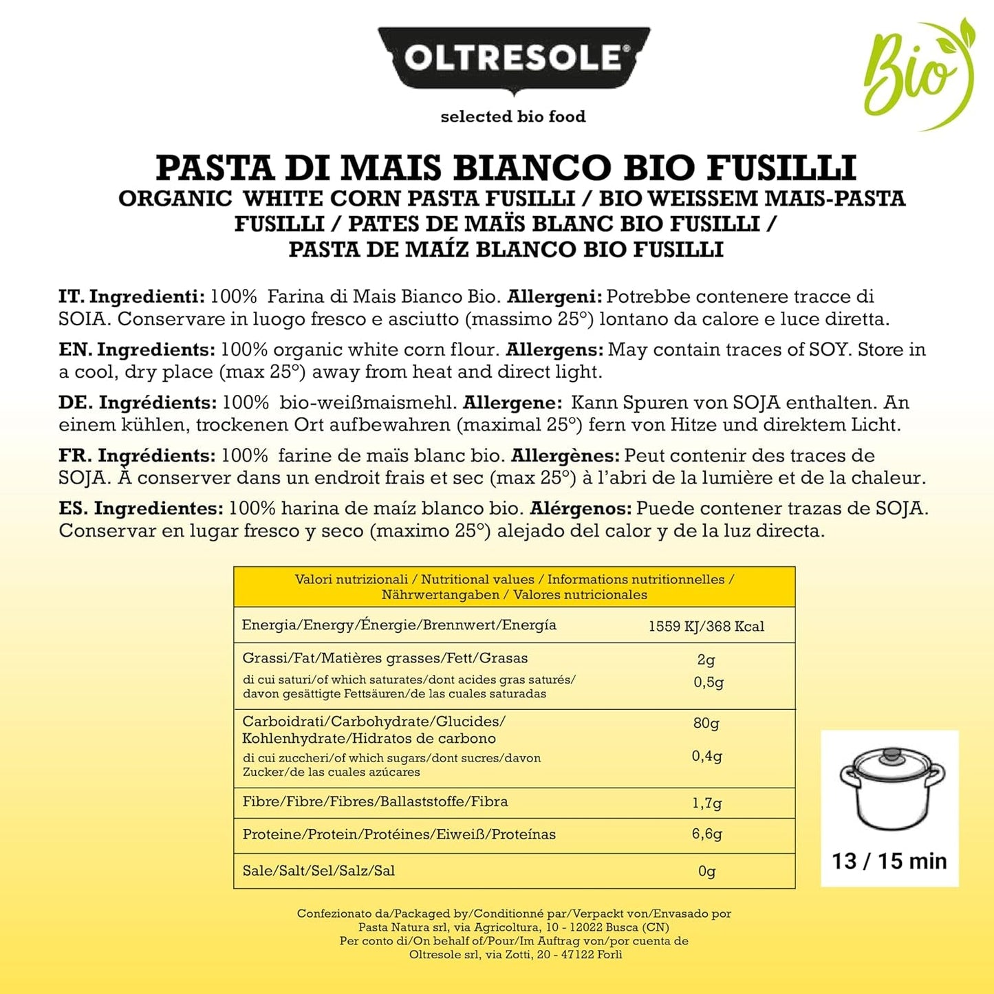 - Weiße Maisnudeln aus italienische Bio-Mais, glutenvrij, Fusilli-Format - glutenvrije Nudeln, 100% Bio-Weißmehl, veganistisch, Packung mit 3 Packungen à 350 g