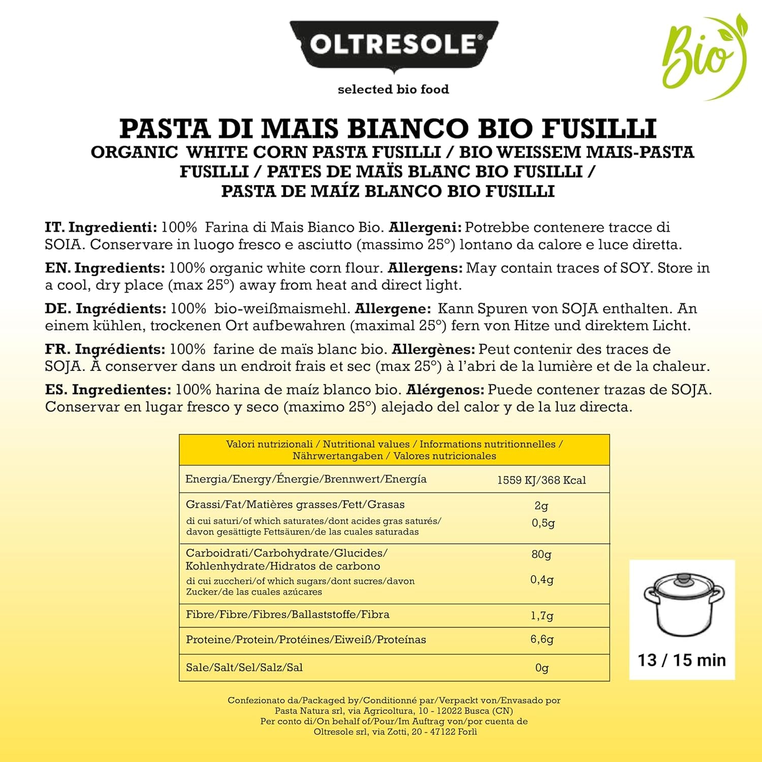 - Weiße Maisnudeln aus italienische Bio-Mais, glutenvrij, Fusilli-Format - glutenvrije Nudeln, 100% Bio-Weißmehl, veganistisch, Packung mit 3 Packungen à 350 g