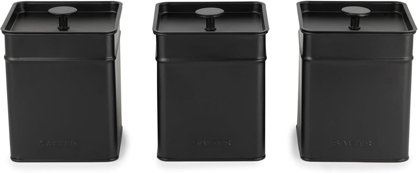 Salter BW12614EU7 Kuro Opbergdozenset - 4 Keukencontainers Brood/Thee/Koffie/Suiker Vierkante Organizer Boxen Gemakkelijk schoon te maken Houd voedsel vers Zwart Naty Shop Voedselopbergdozen 3-delige set