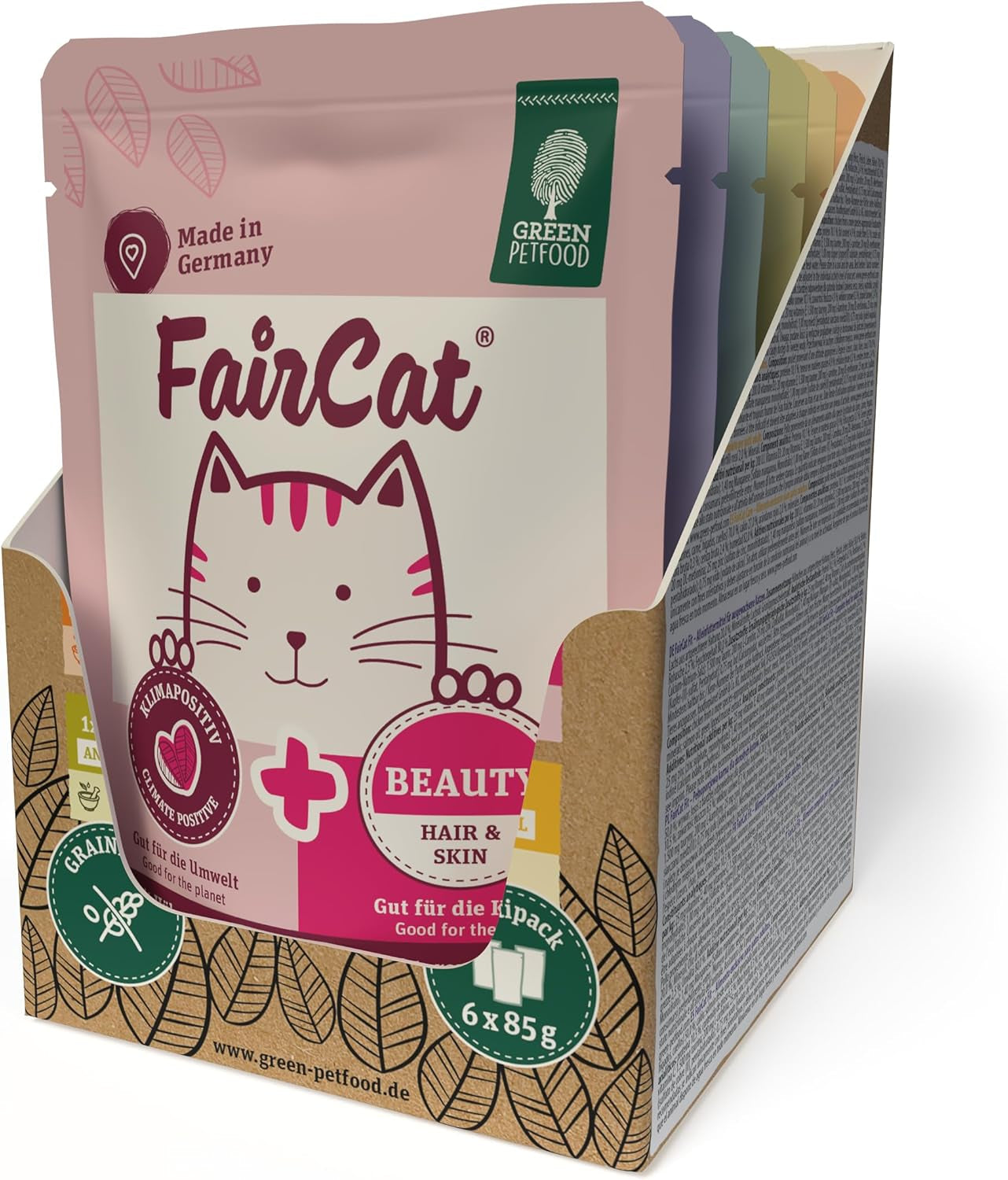 Groene Dierenvoeding FairCat Multipack (6 x 85 g) | Volwassene | Premium natvoer voor volwassen katten 6 verschiedenen leckere Sorten im Multipack | getreidefrei | Katzenfutter nass | 6 pakjes