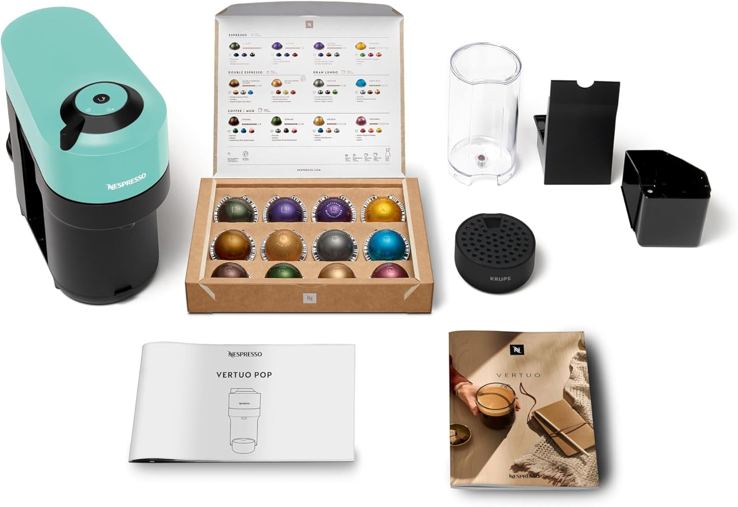 Espressomachine met Nespresso Krups Vertuo Pop capsules, inhoud: 560 ml, automatische capsuleherkenning, one-touch systeem, 4 kopgroottes, verkorte opwarmtijd, duurzaam, Aqua Mint, XN9204