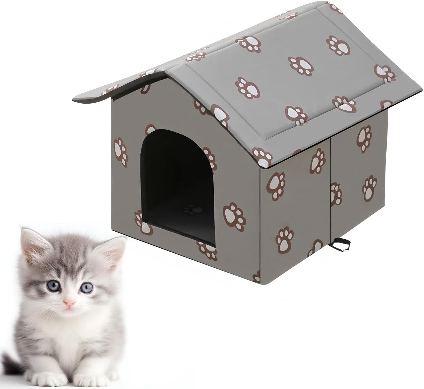Katzenhaus für Draußen Winterfest en Wasserdicht, Faltbare Outdoor Katzenhöhle mit Abnehmbarem Kissen, Wetterfestes Tierheim für Streuner en Haustiere, Waschbar en Isoliert (Graue Katzenpfote, M)