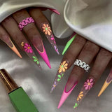Mouyuglow Lange nagels Stiletto Melkwit Gradiënt Roze Glitter Cool Nepnagels met lijm Roze Ombre Glitter Kunstnagels