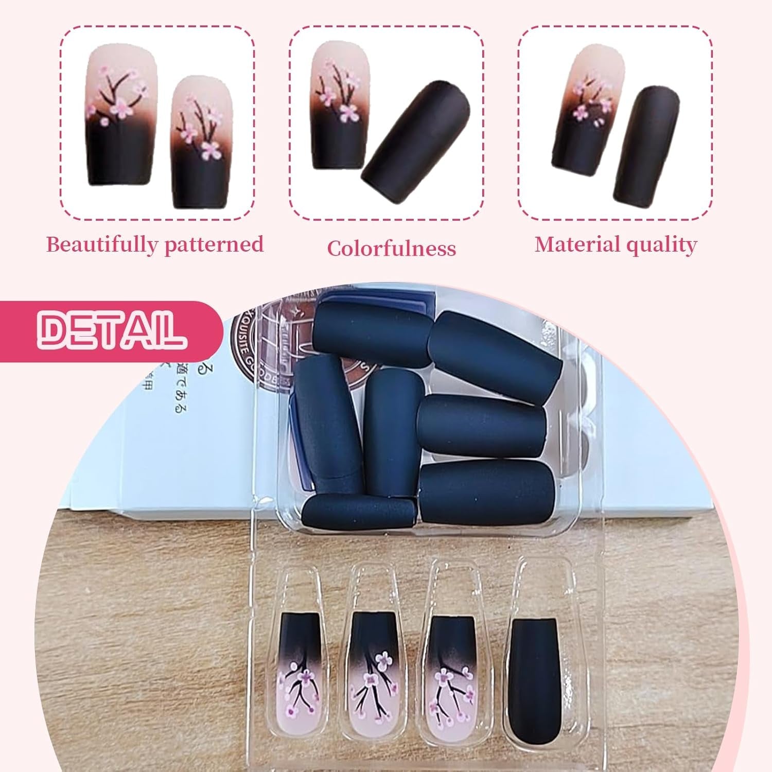 24 stuks herfst zwarte Franse pers nagels roze bloem lange nagels lijm op kunstnagels herfst kunstnagels set met accessoires